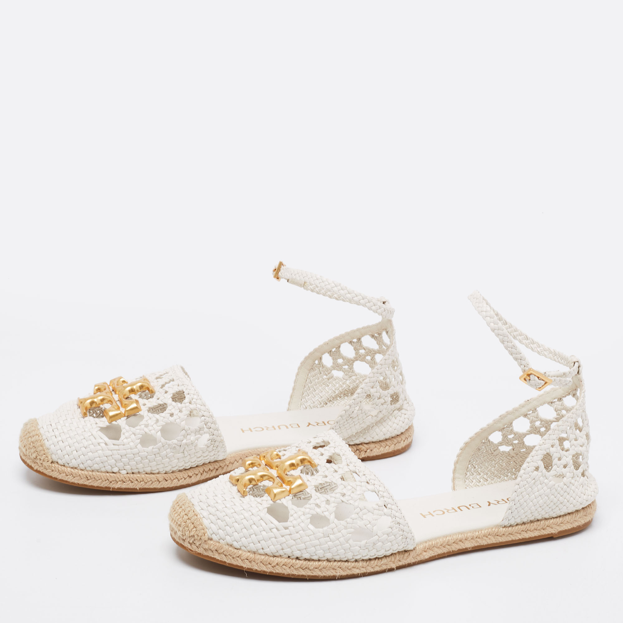 

Tory Burch White Eleanor Woven Leather Espadrille Ankle Strap Flat Sandals Size
