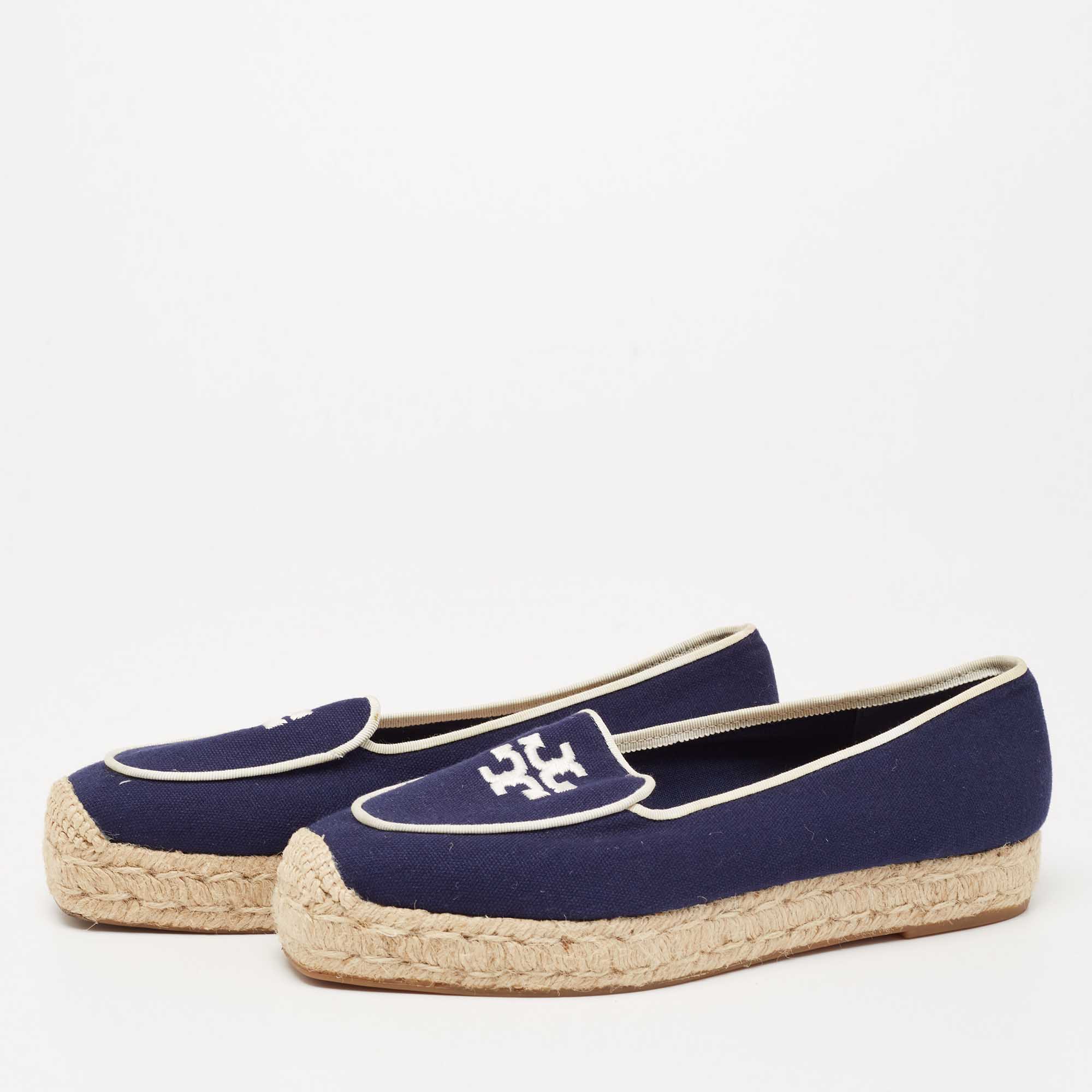 

Tory Burch Navy Blue Canvas Wells Platform Espadrille Flats Size