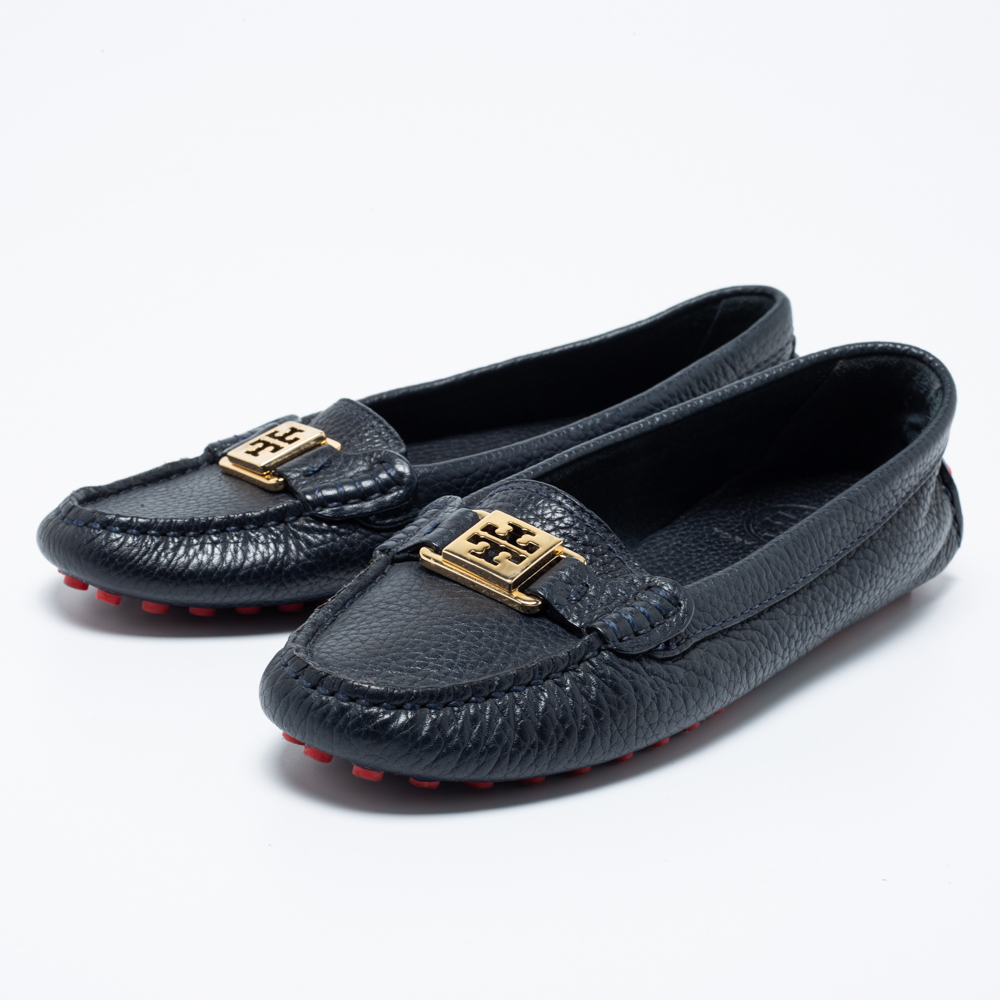 

Tory Burch Navy Blue Leather Slip On Loafers Size