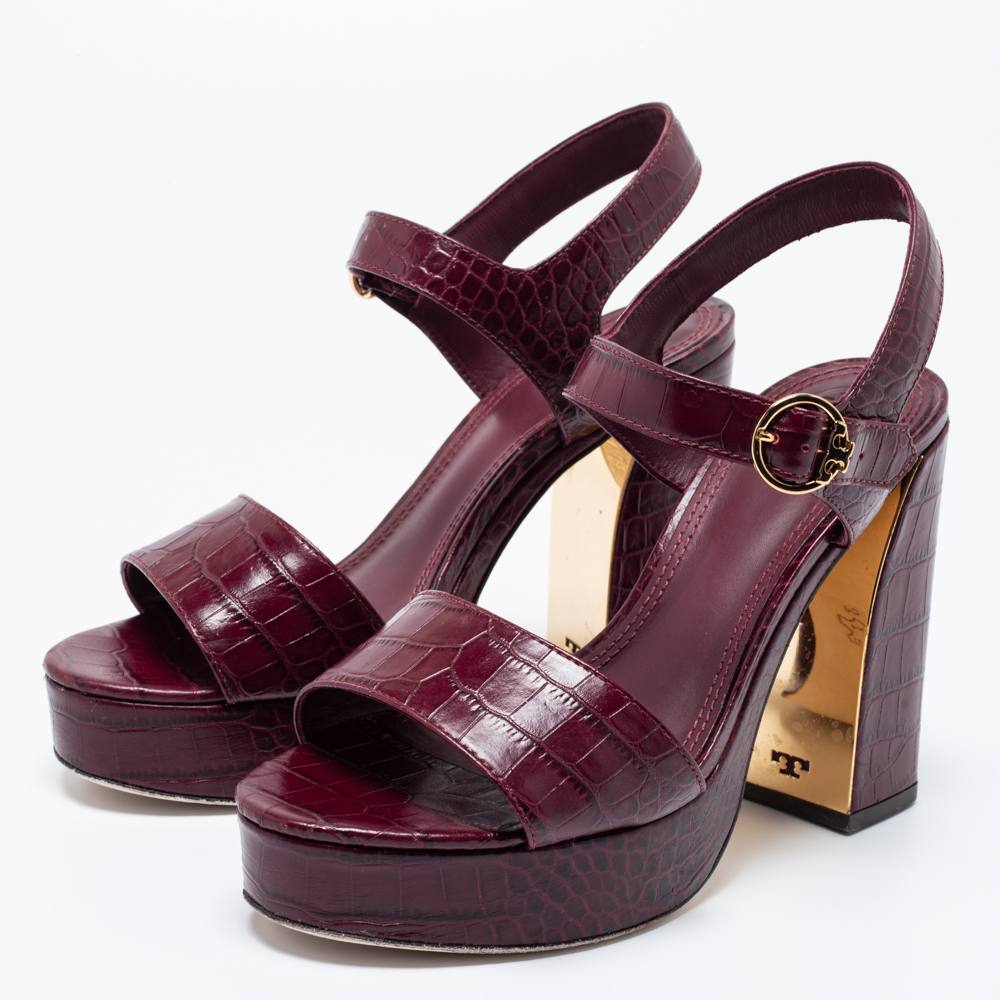 

Tory Burch Burgundy Croc Embossed Leather Martine Platform Sandals Size