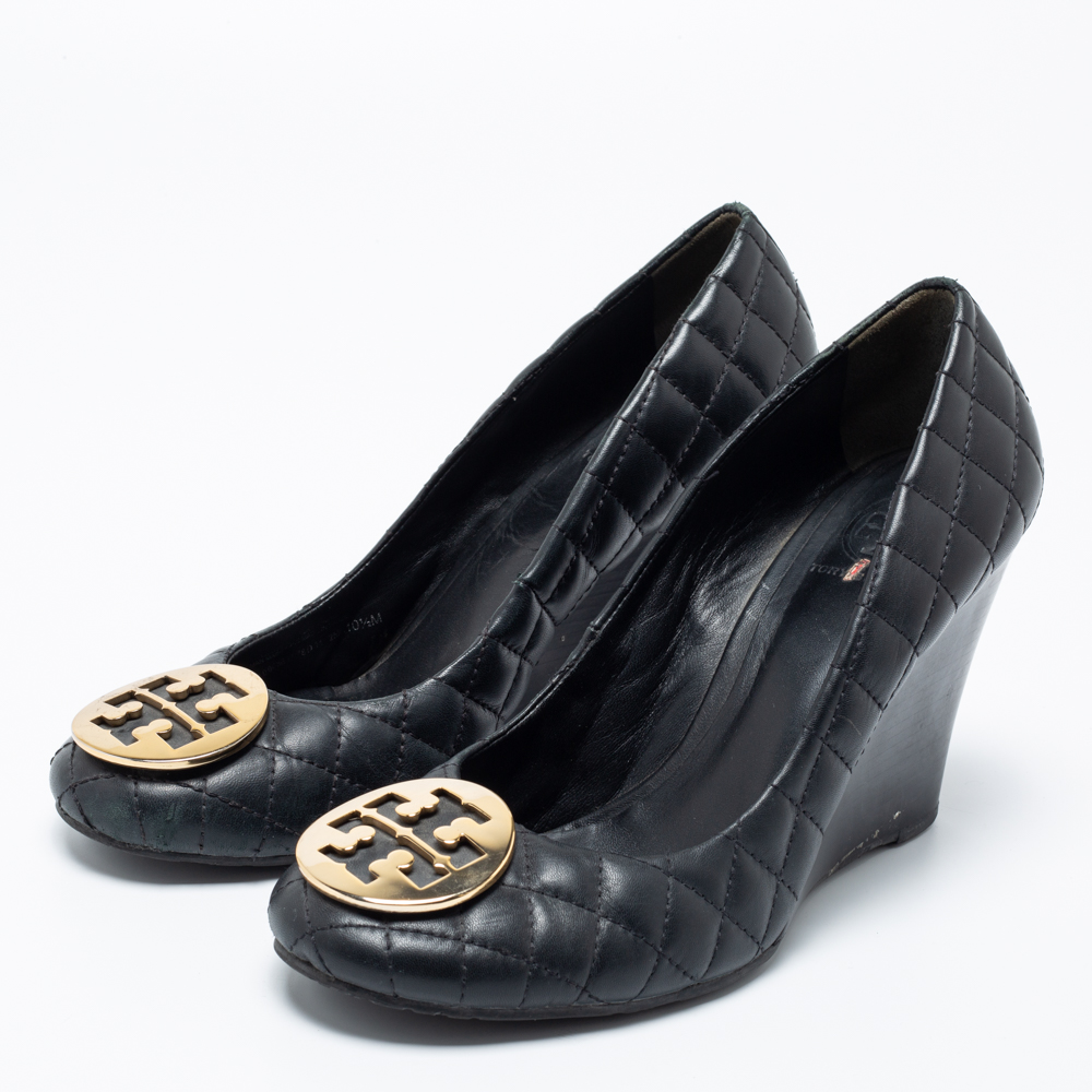 

Tory Burch Black Quilted Leather Reva Wedge Pumps Size