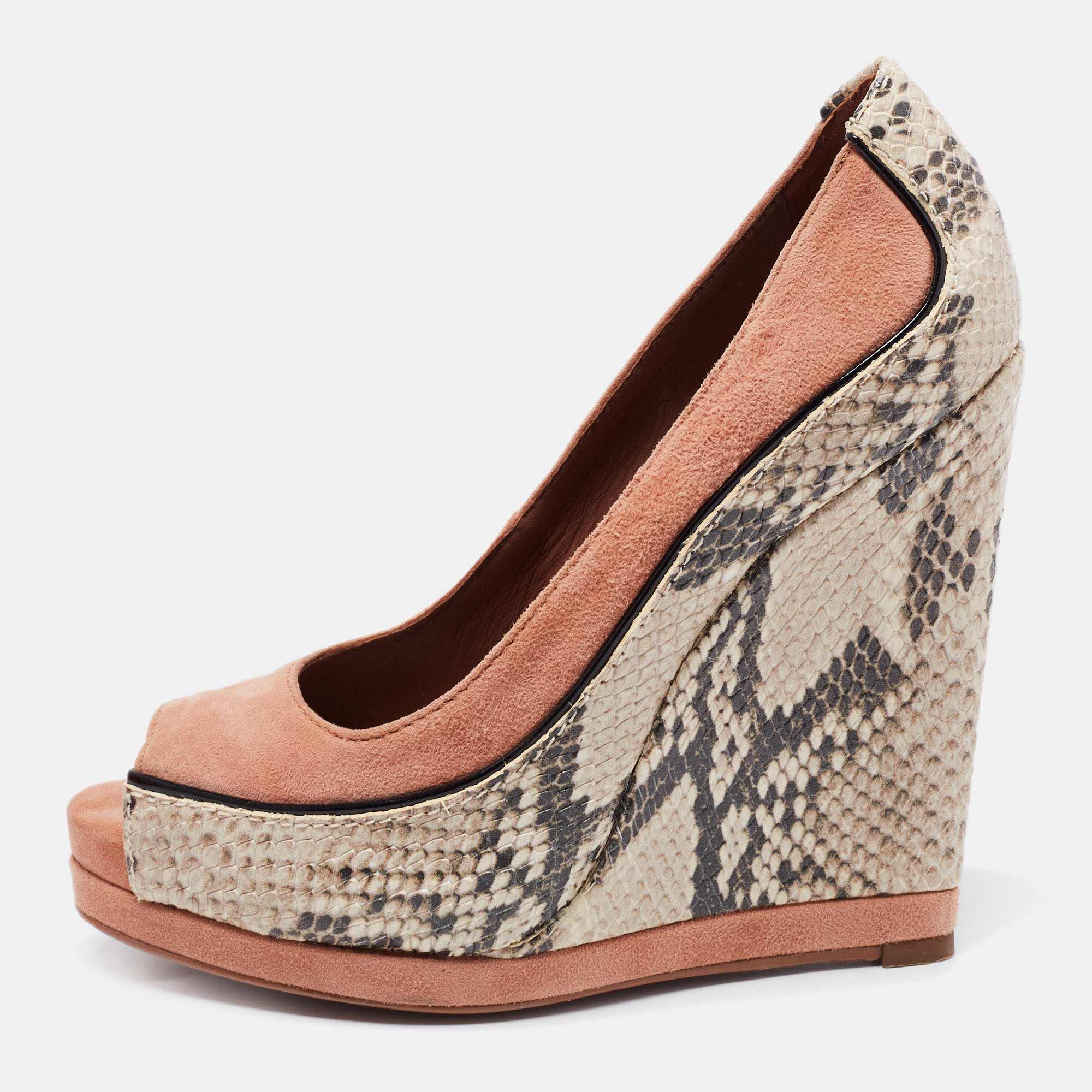 Pre-owned Tory Burch Beige Suede And Python Embossed Leather Sandra Wedge Platform Pumps Size 35