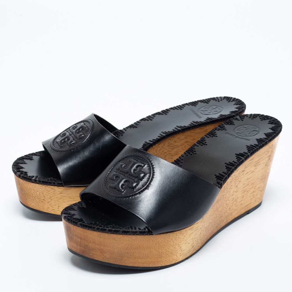 

Tory Burch Black Leather Patti Wedge Slide Sandals Size