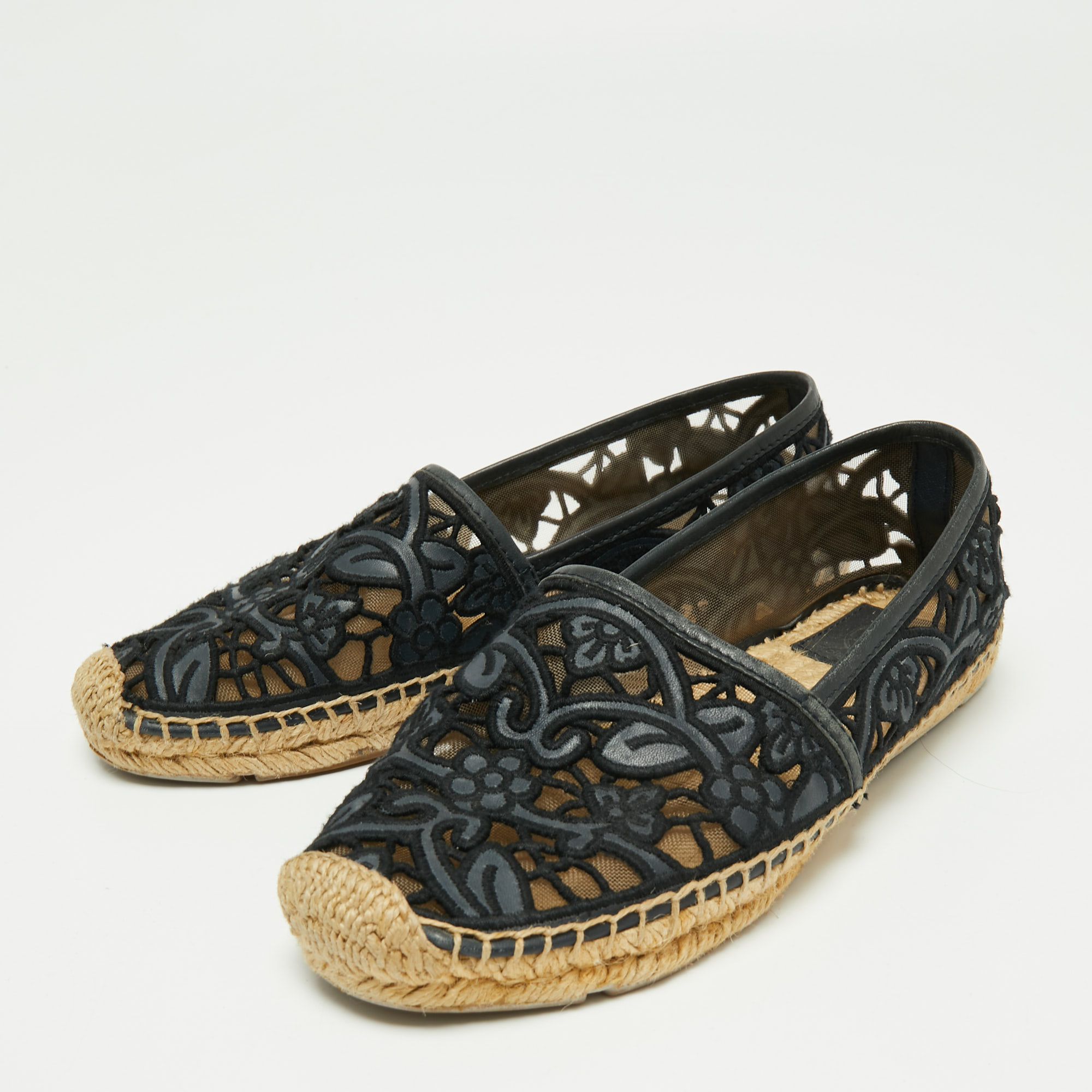 

Tory Burch Navy Blue Leather And Mesh Jacki Espadrille Flats Size