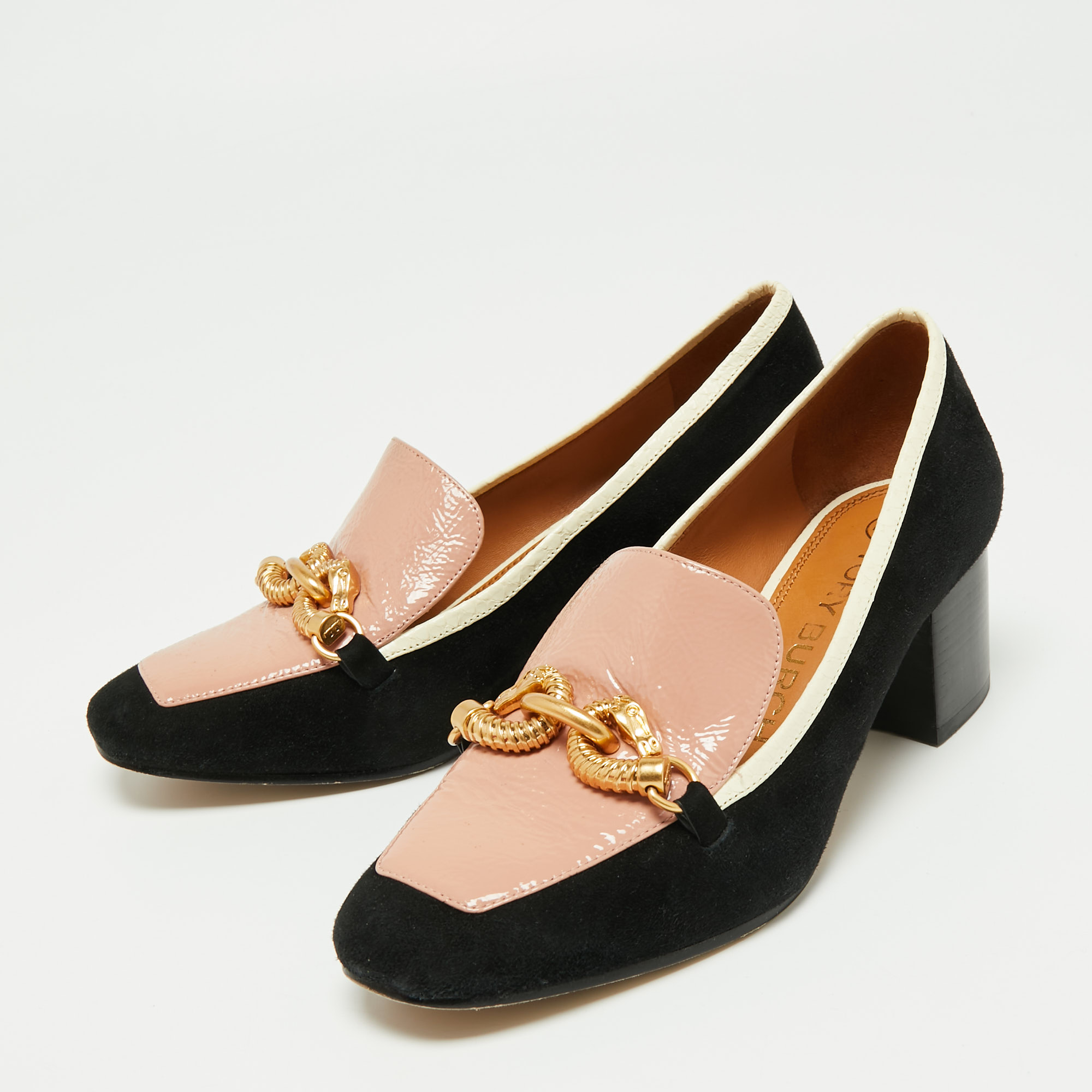 

Tory Burch Black/Pink Suede and Patent Leather Jessa Pumps Size