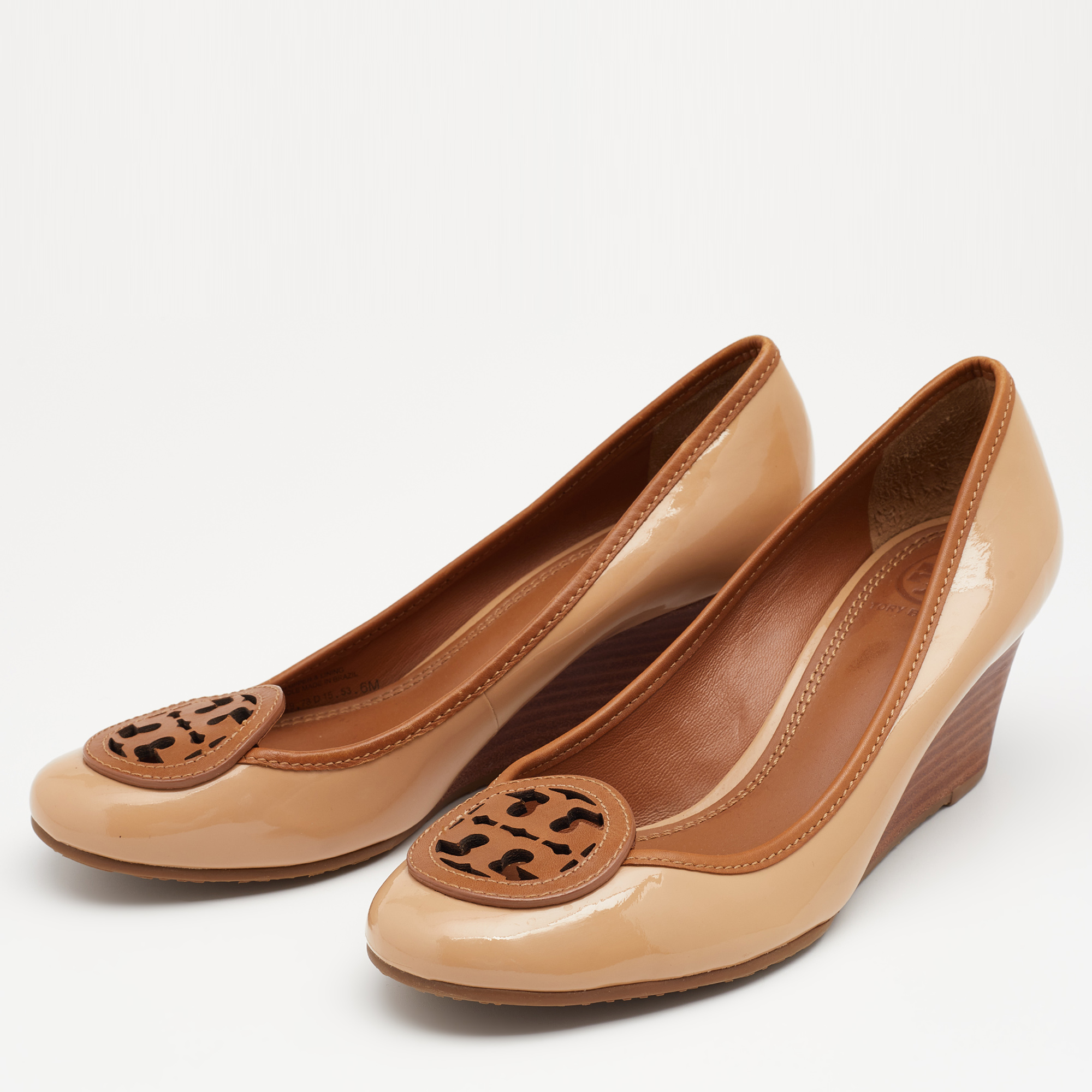 

Tory Burch Beige/Brown Patent and Leather Wedge Pumps Size
