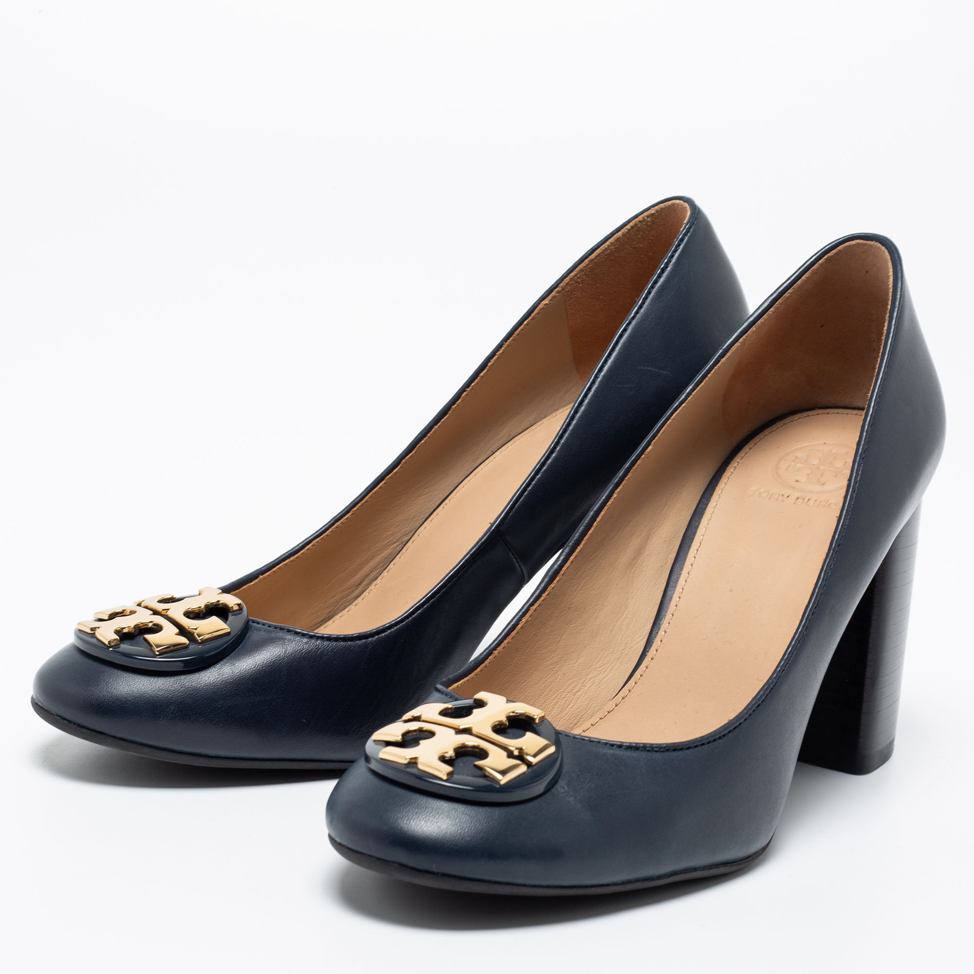 

Tory Burch Navy Blue Leather Janey Block Heel Pumps Size, Black