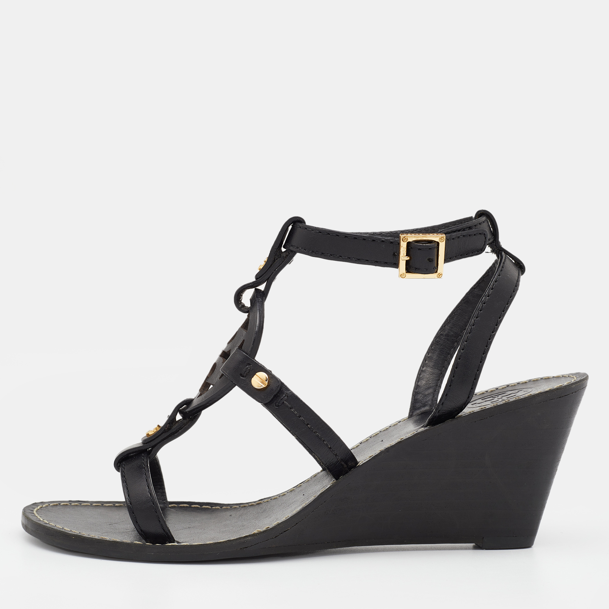 Pre-owned Tory Burch Black Leather Miller Logo Wedge Ankle Strap Sandals Size 37.5