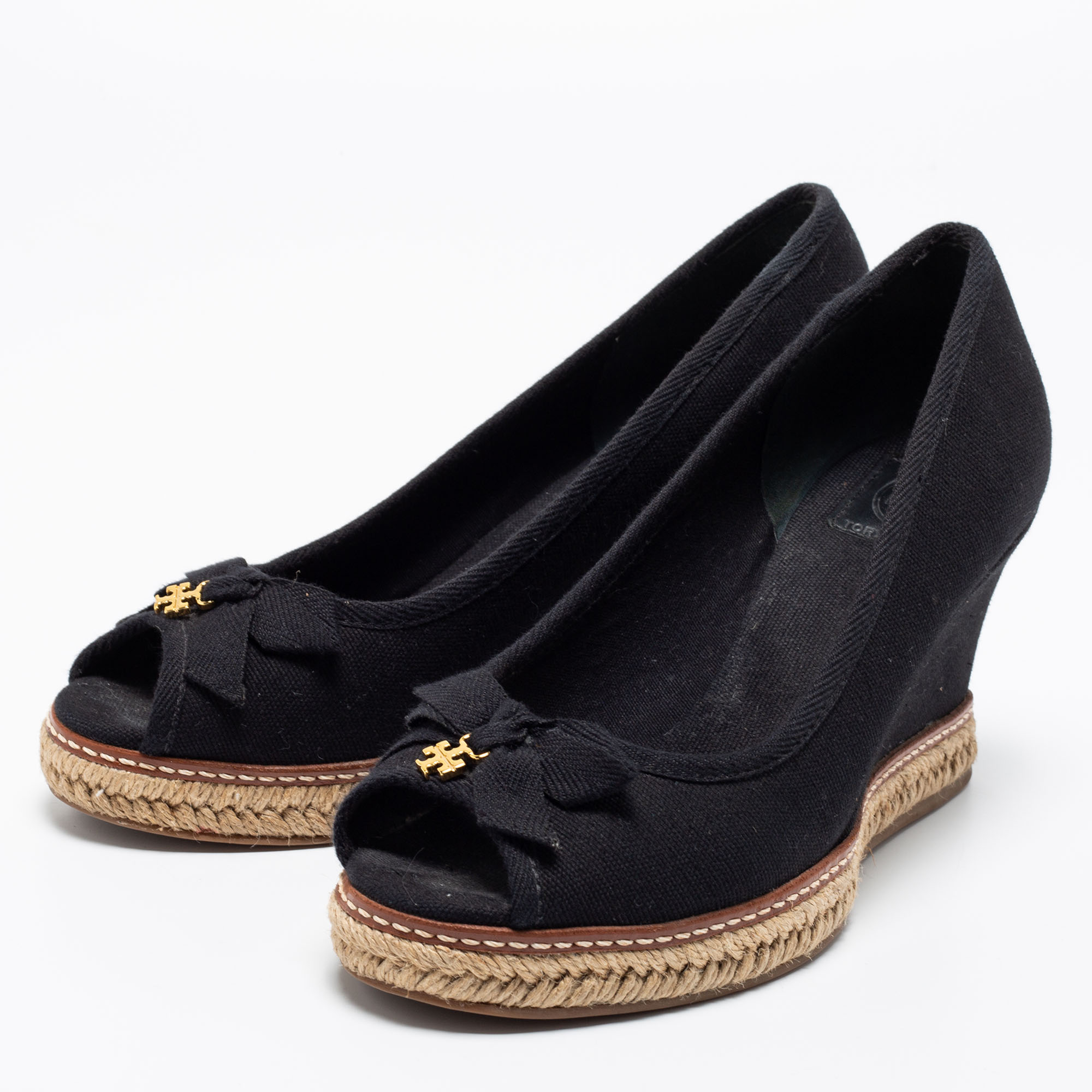 

Tory Burch Black Canvas Jackie Bow Espadrille Wedge Pumps Size