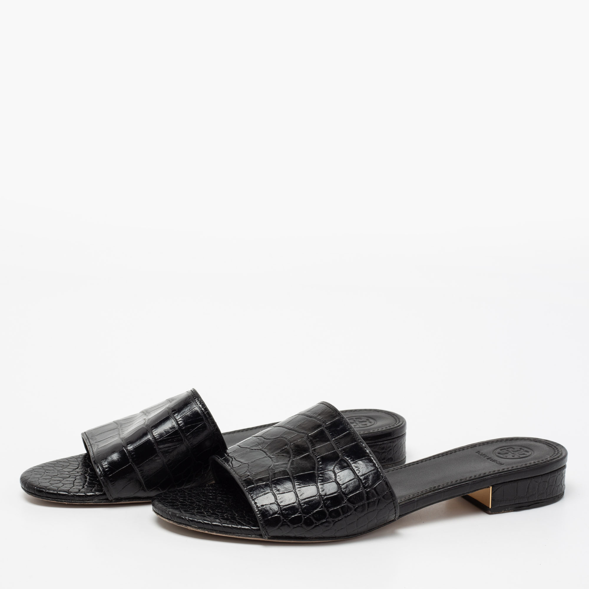

Tory Burch Black Croc Embossed Leather Flat Slide Sandals Size
