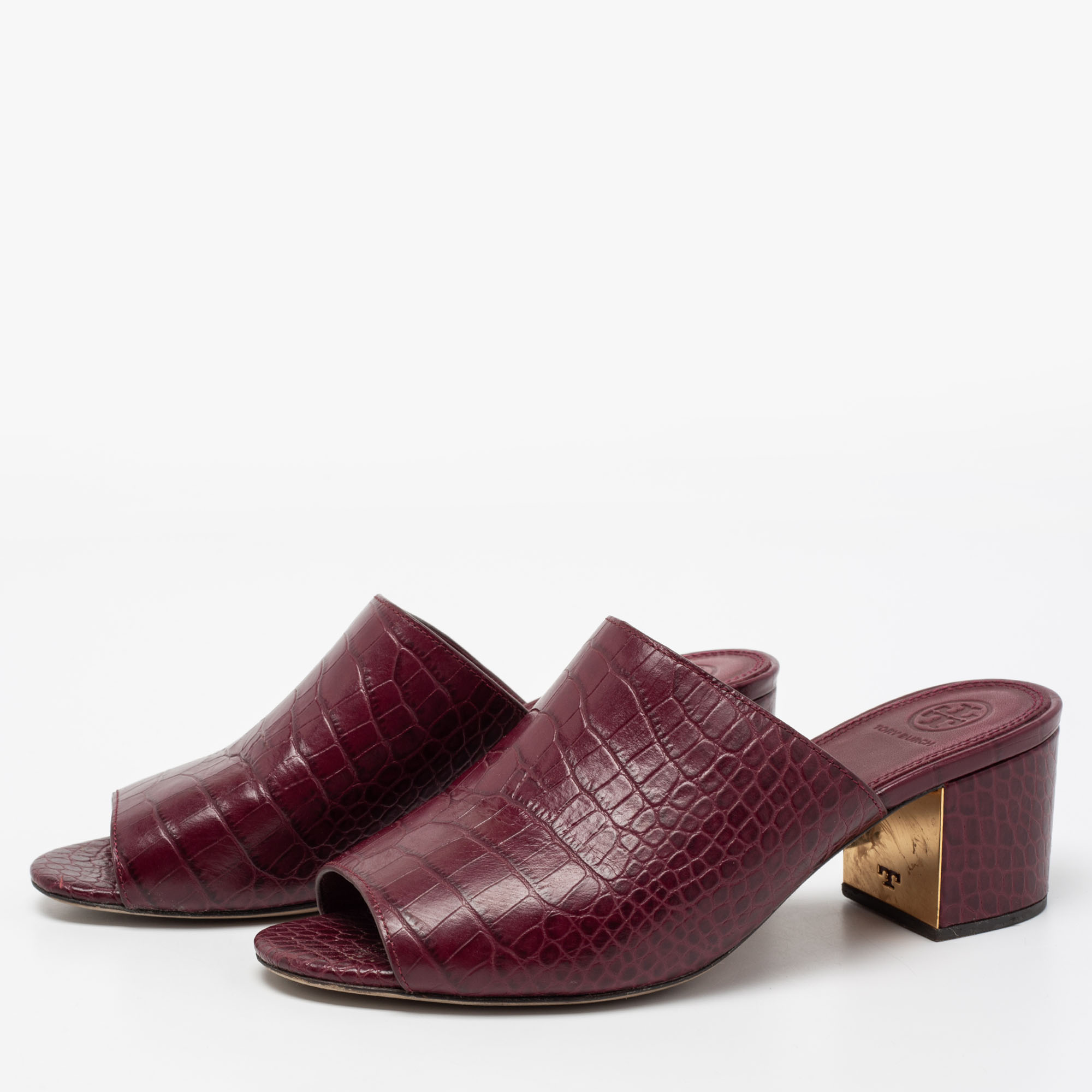 

Tory Burch Burgundy Croc Embossed Leather Salinas Open Toe Mules Size