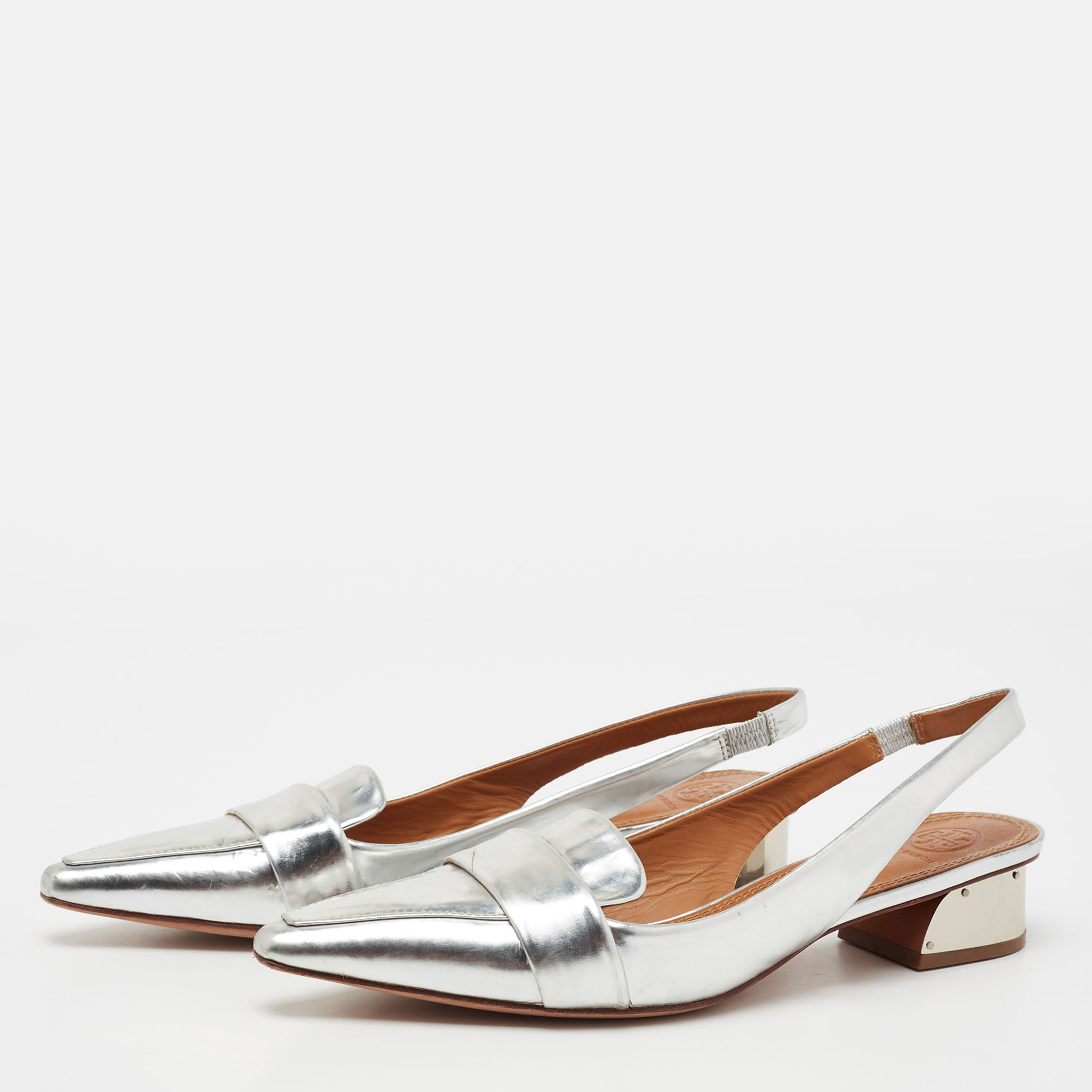 

Tory Burch Silver Leather Slingback Sandals Size