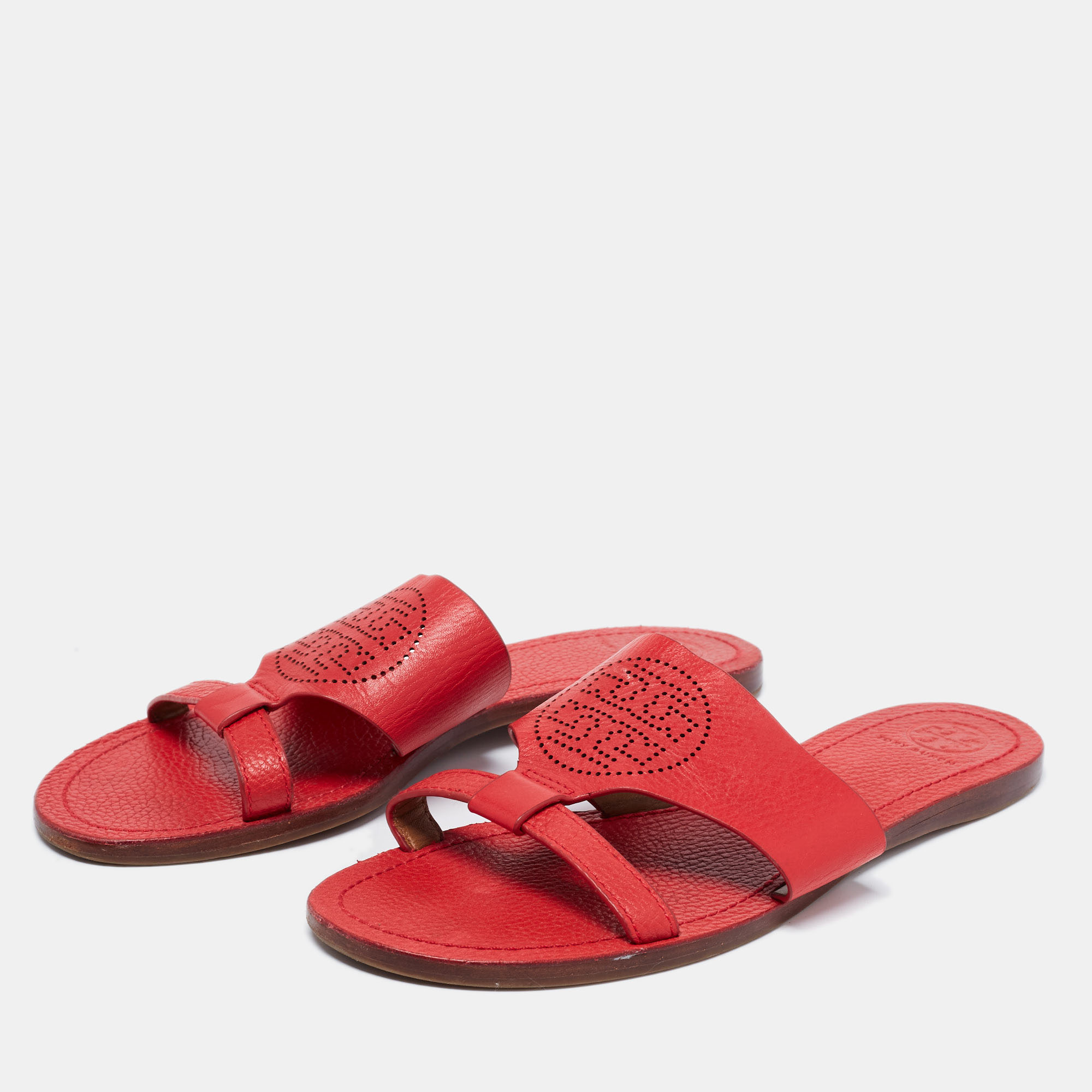 

Tory Burch Red Perforated Leather Flat Thong Slide Sandals Size