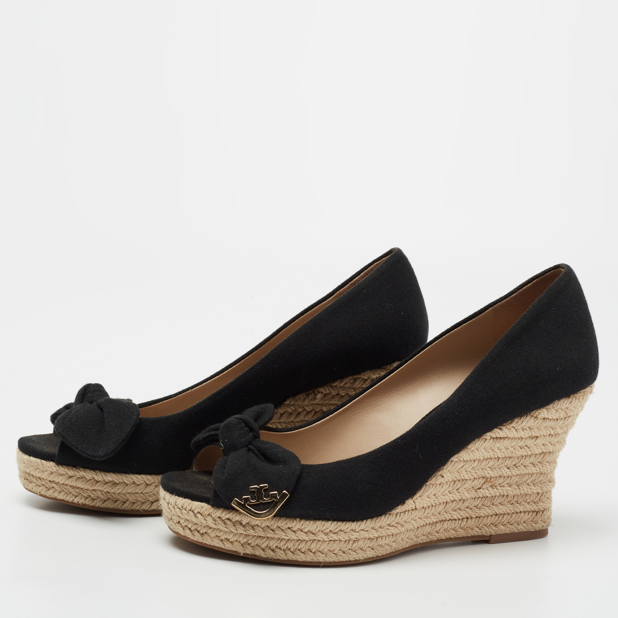 

Tory Burch Black Fabric Bow Peep-Toe Espadrille Wedge Pumps Size Size