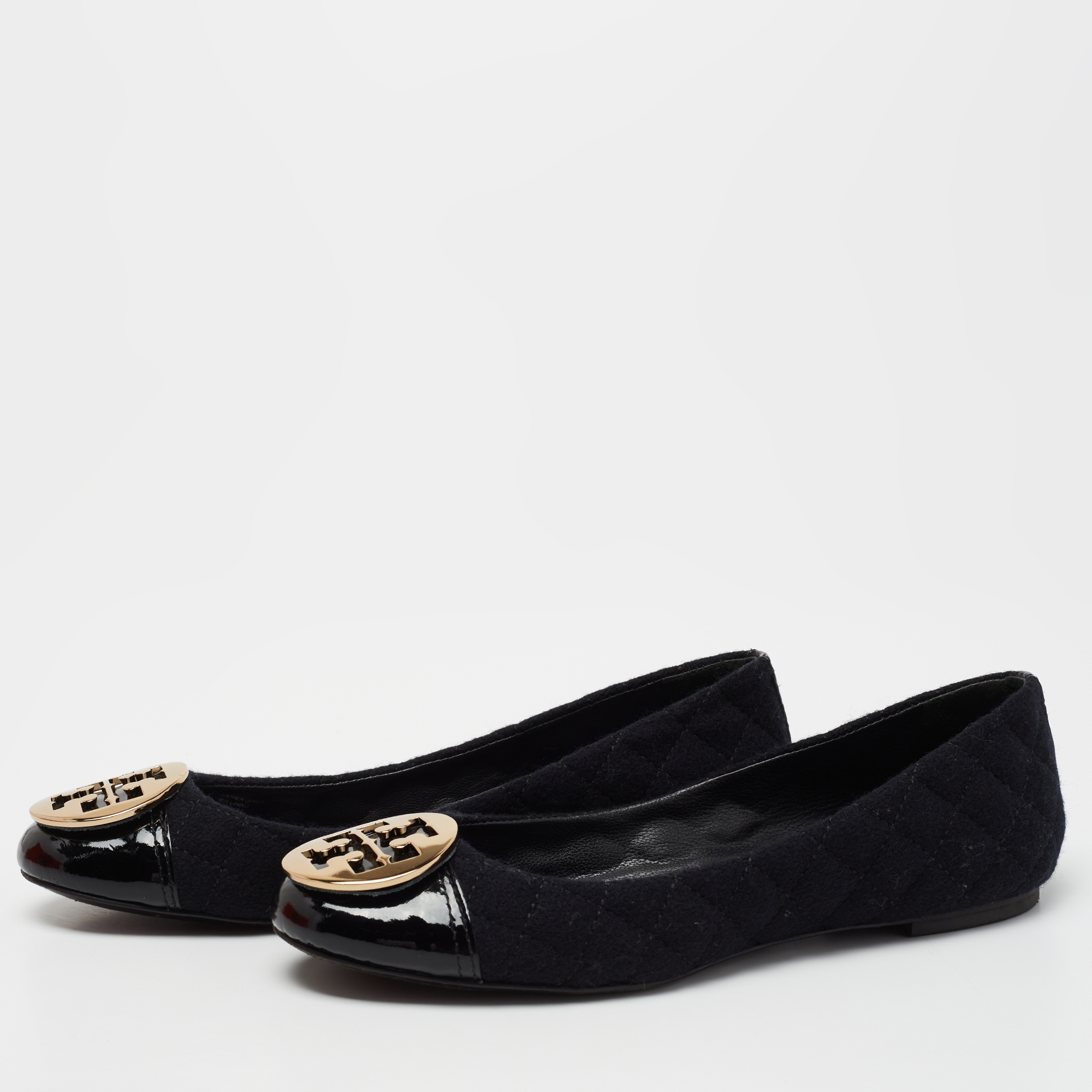 

Tory Burch Black Patent Leather And Tweed Cap Toe Ballet Flats Size