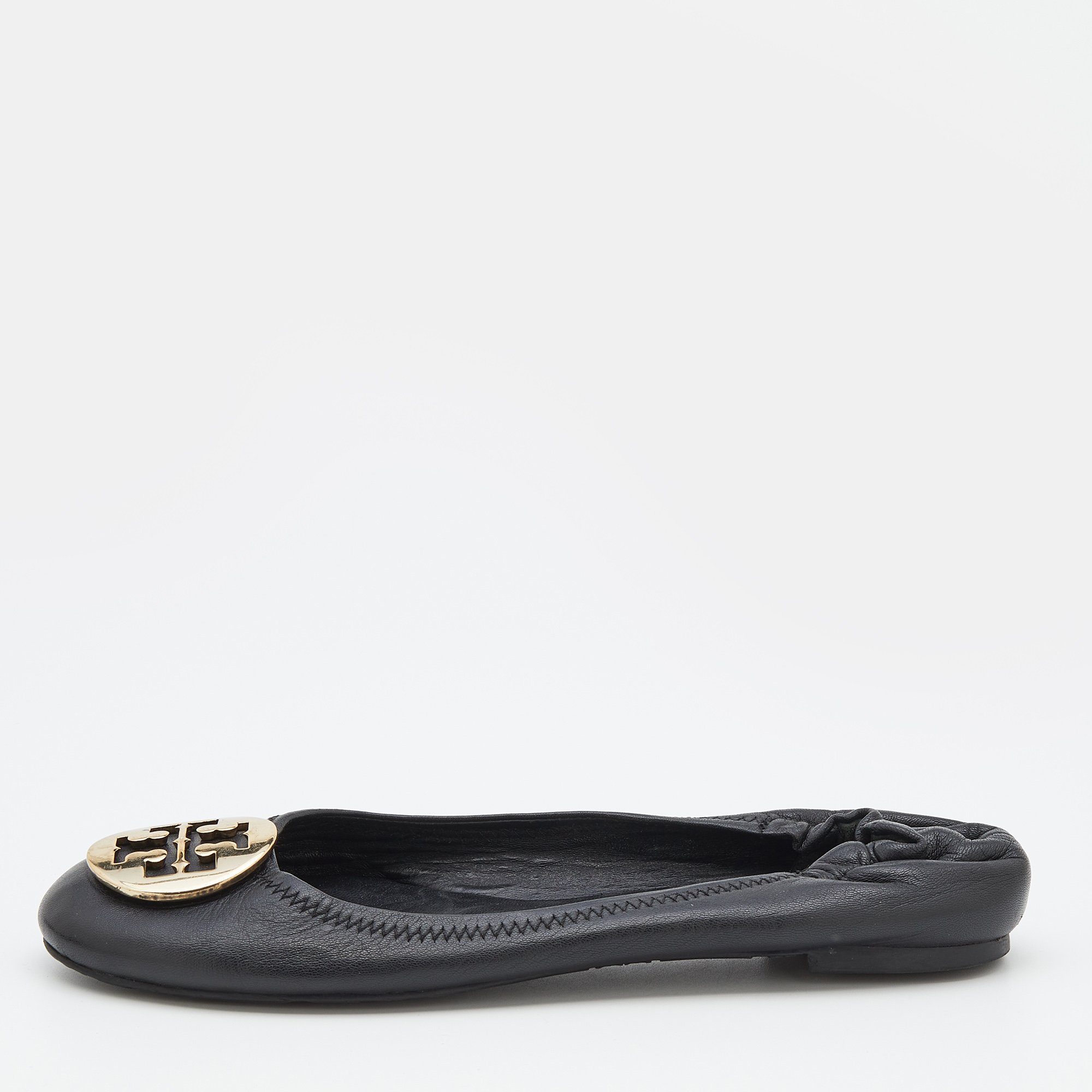 Pre-owned Tory Burch Black Leather Minnie Scrunch Ballet Flats Size  |  ModeSens