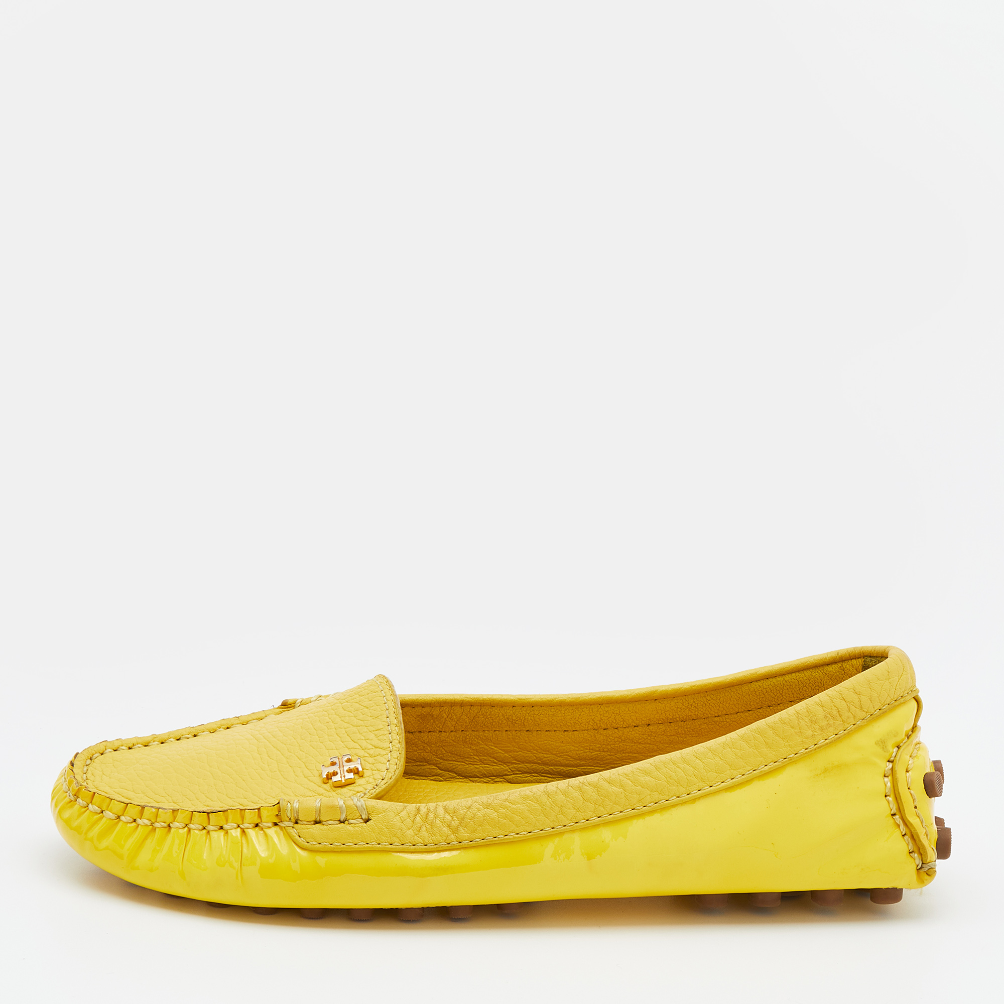 

Tory Burch Yellow Patent Leather And Leather Slip On Loafers Size