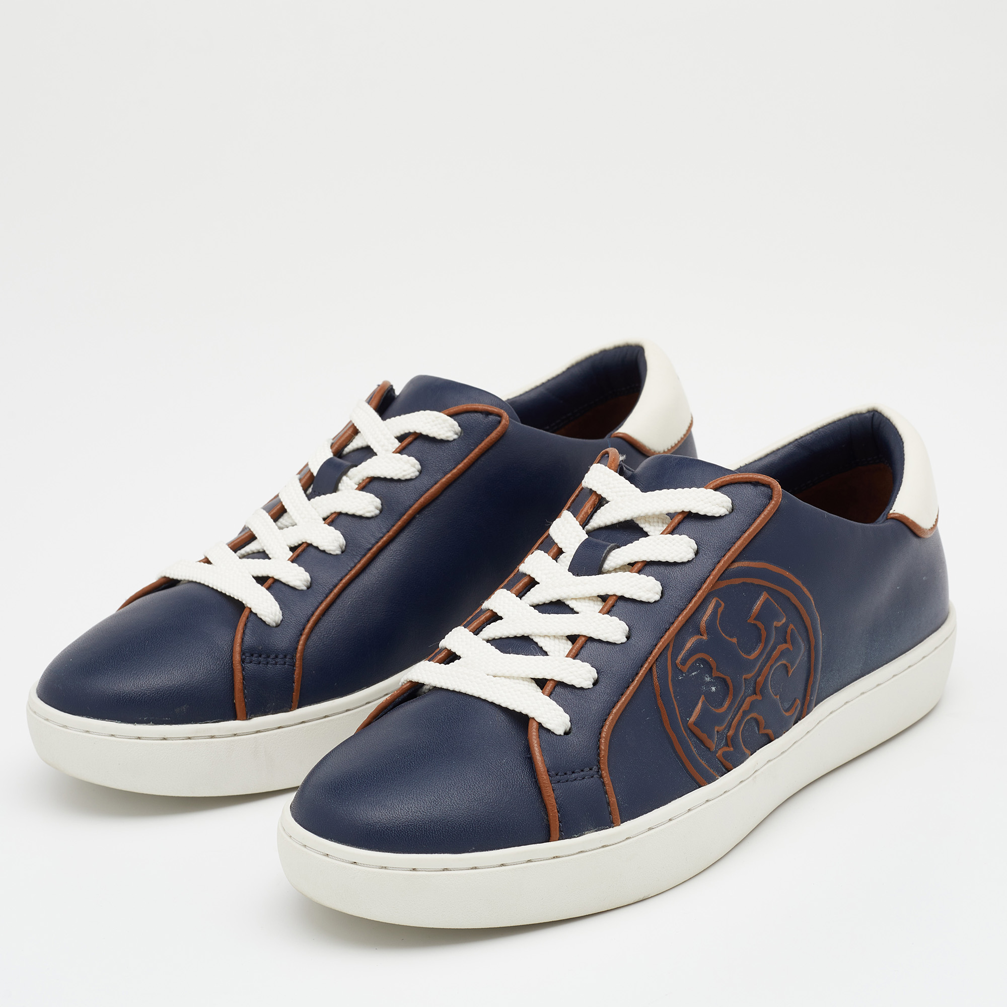 

Tory Burch Navy Blue Leather Chance Low Top Sneakers Size