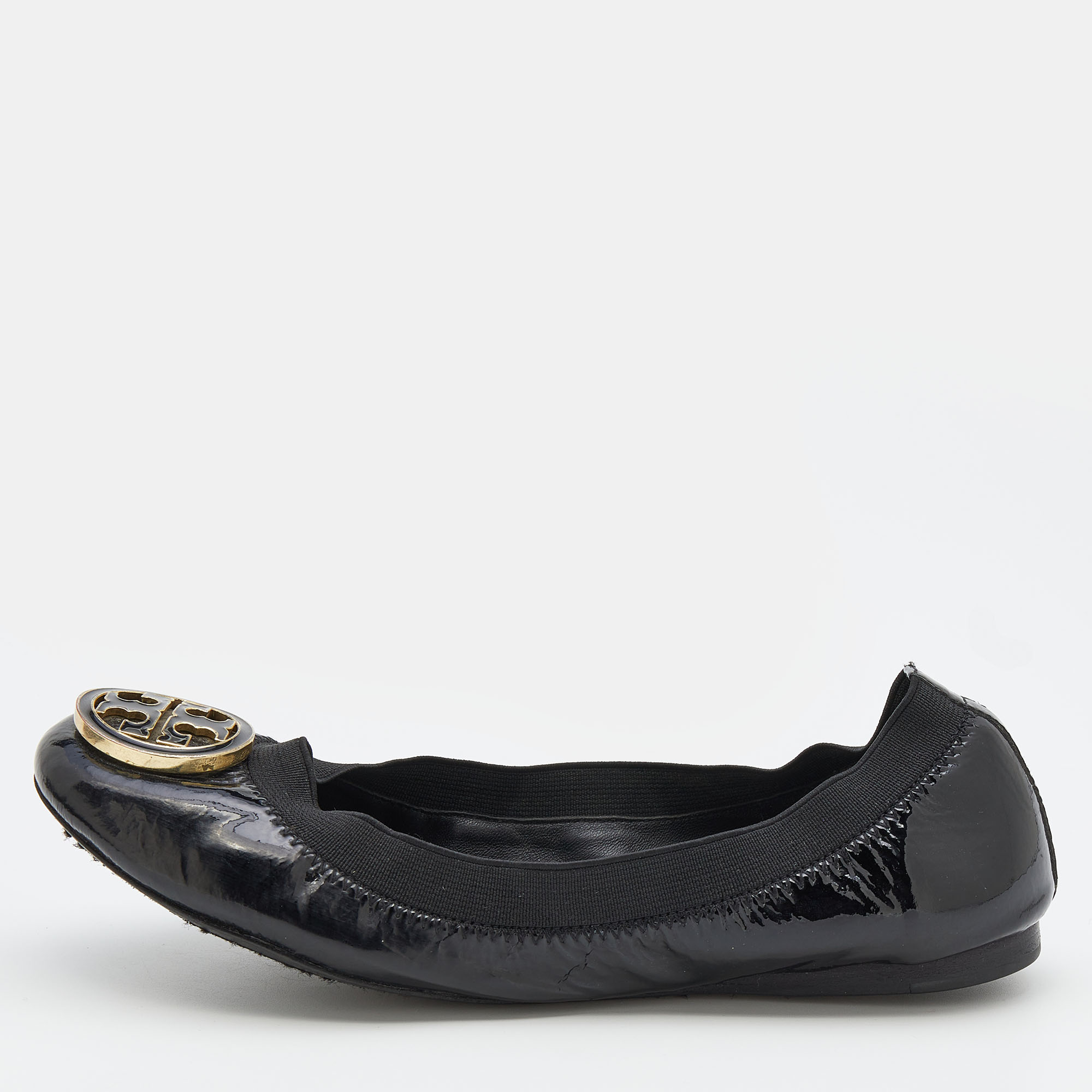 Pre-owned Tory Burch Black Patent Leather Scrunch Ballet Flats Size  |  ModeSens