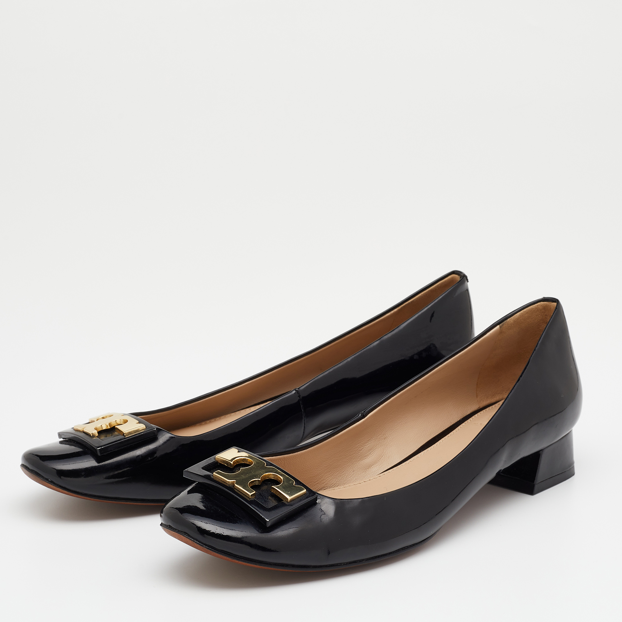 

Tory Burch Black Patent Leather Gigi Block Heel Pumps Size