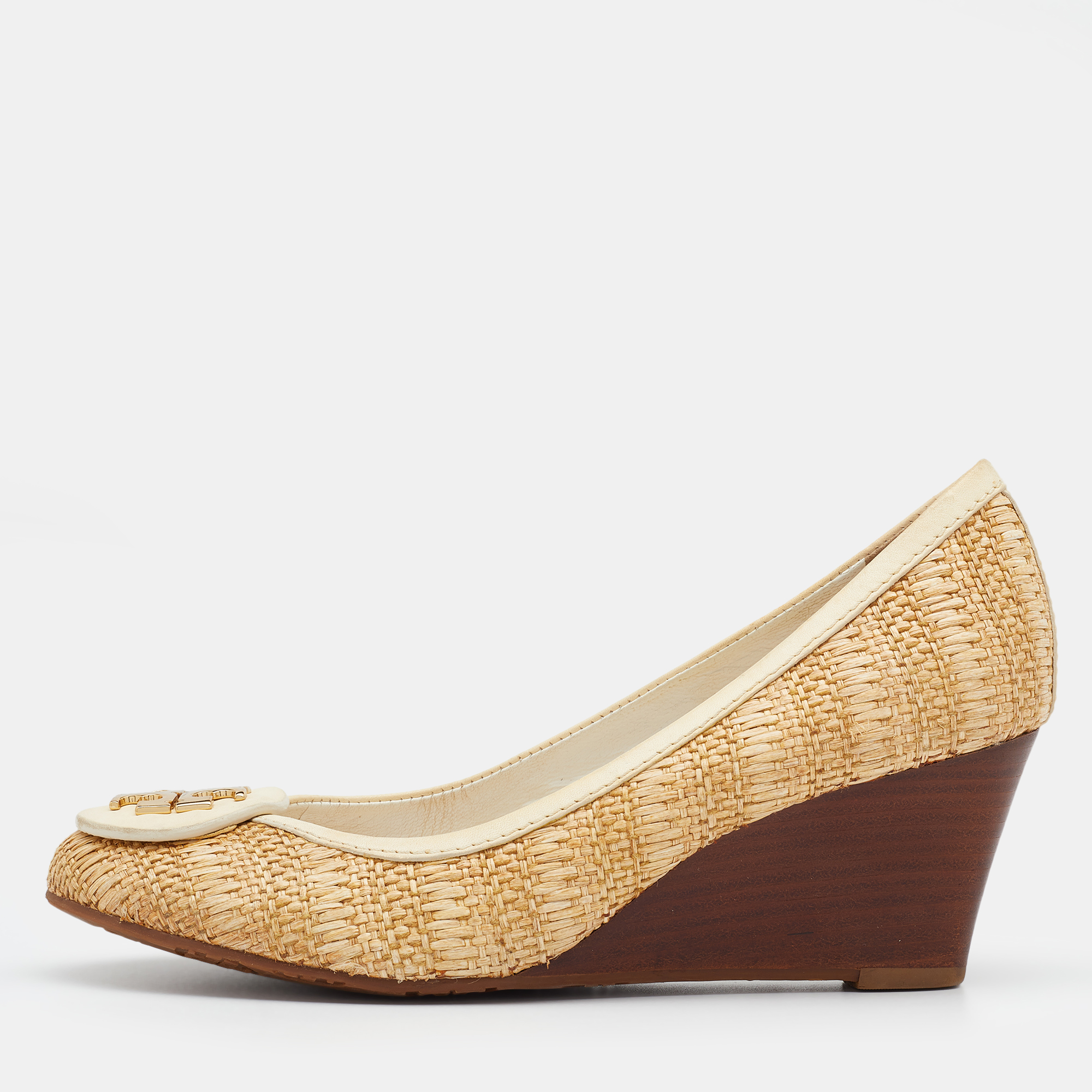 

Tory Burch Beige Raffia And Leather Sally Wedge Pumps Size