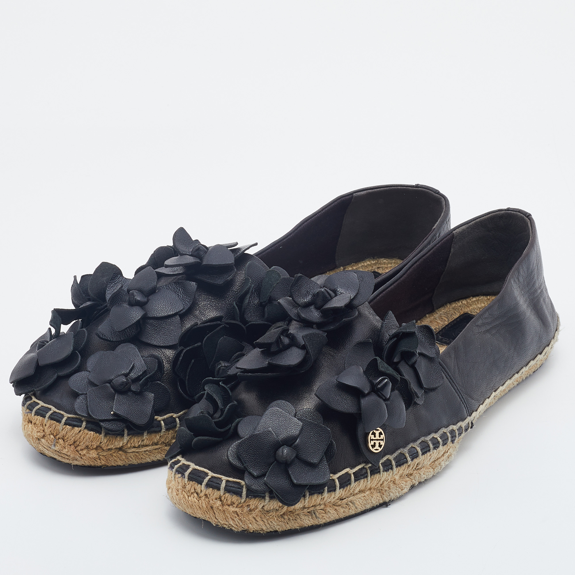 

Tory Burch Black Leather Blossom Floral Applique Espadrille Flats Size