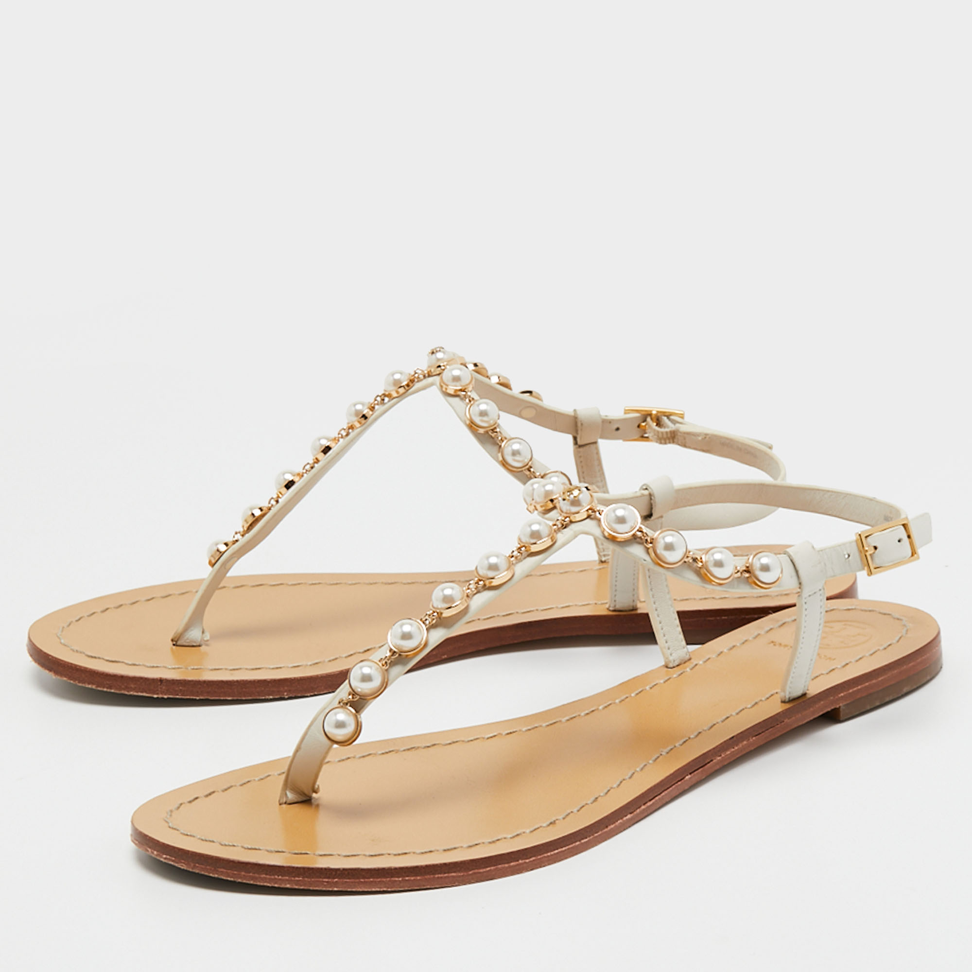 

Tory Burch Off White Leather Faux Pearl Accents T Strap Sandals Size