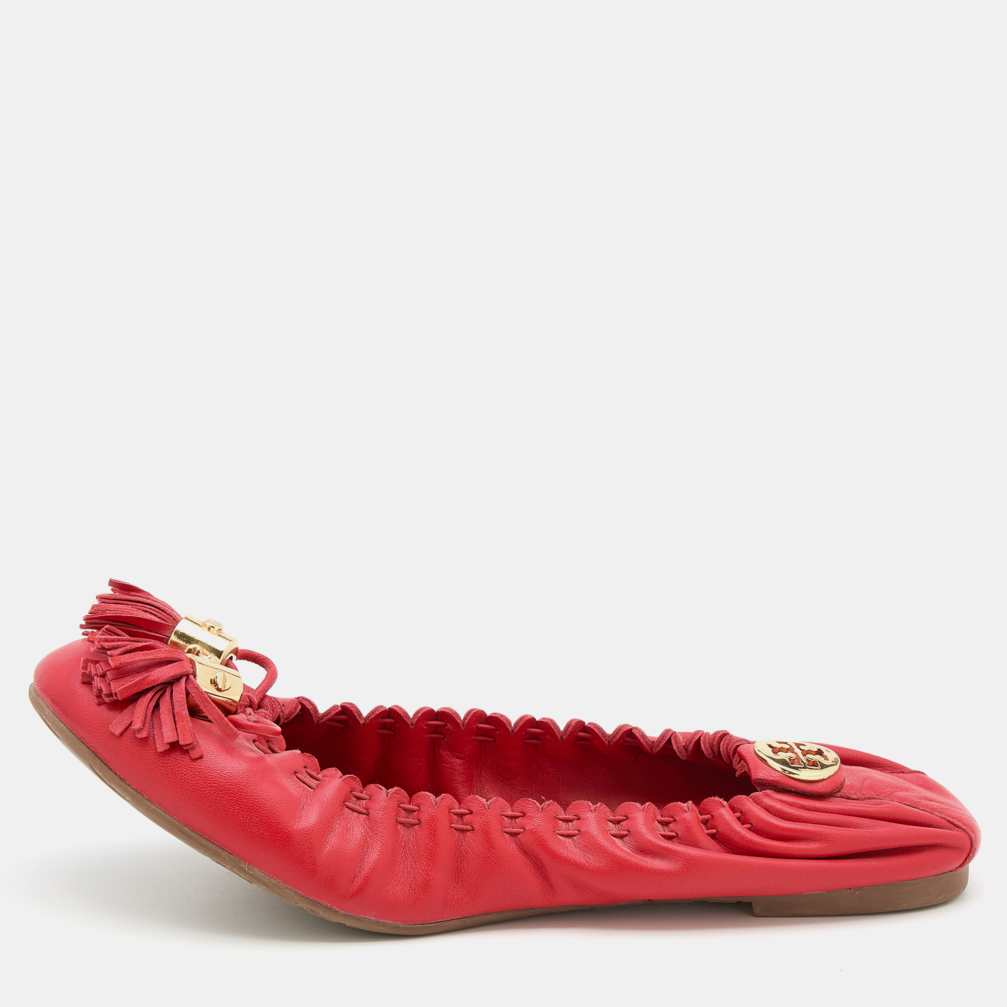 

Tory Burch Red Leather Reese Tassel Scrunch Ballet Flats Size