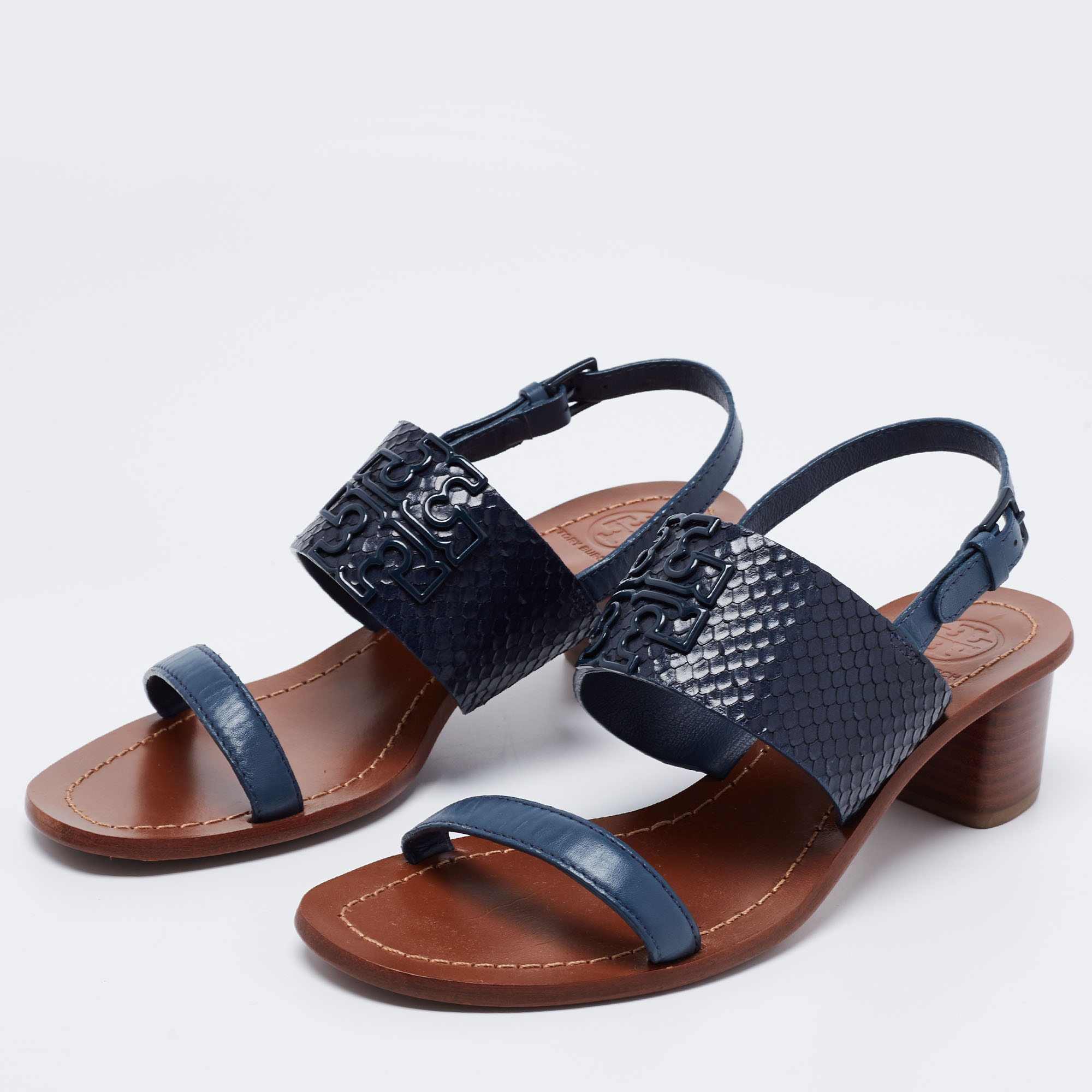 

Tory Burch Blue Python Embossed and Leather Slingback Block Heel Sandals Size