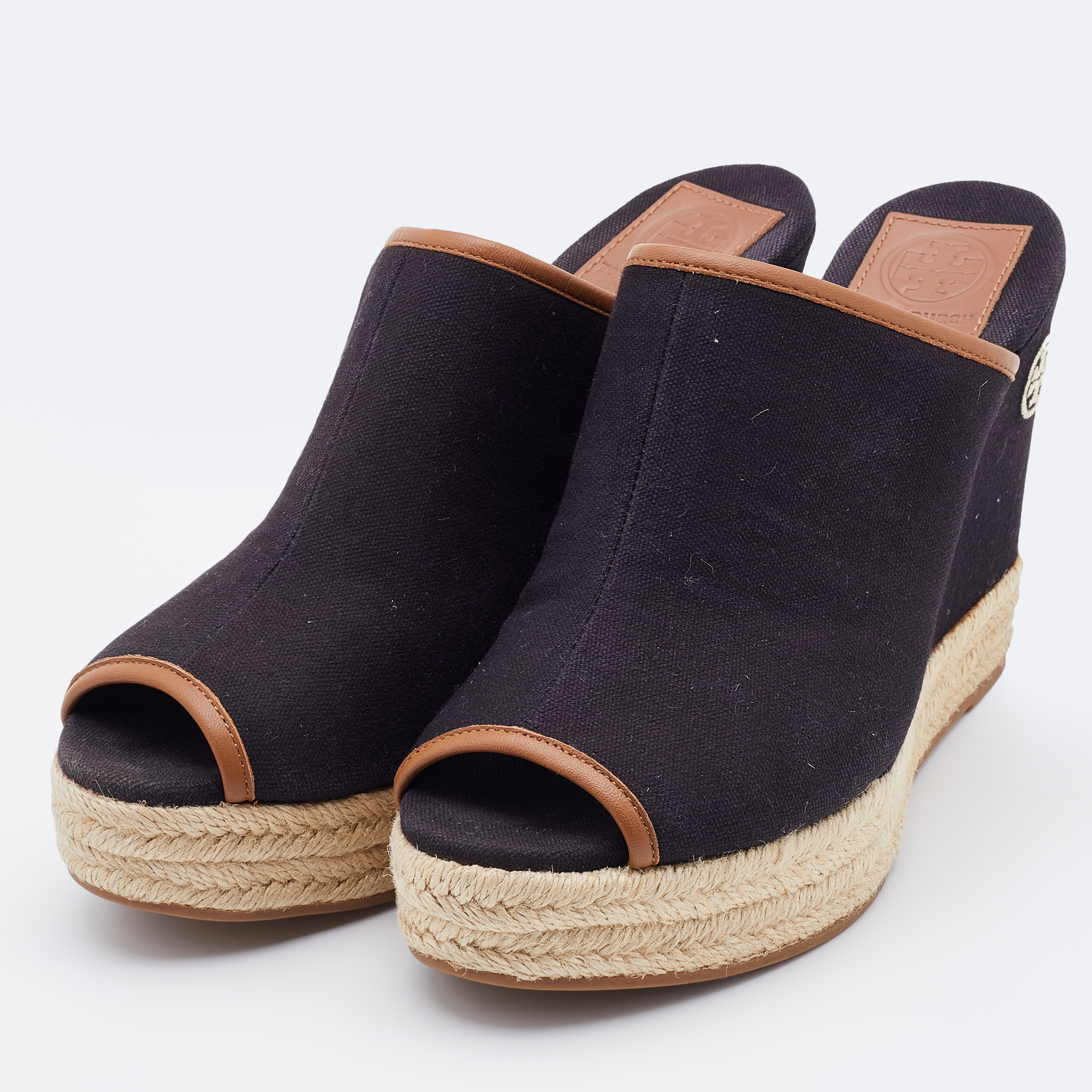 

Tory Burch Black Canvas Wedge Open Toe Sandals Size