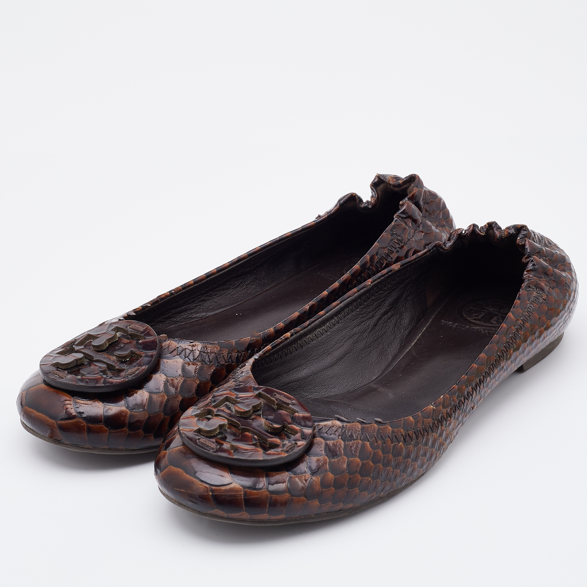 

Tory Burch Dark Brown Python Embossed Leather Reva Ballet Flats Size