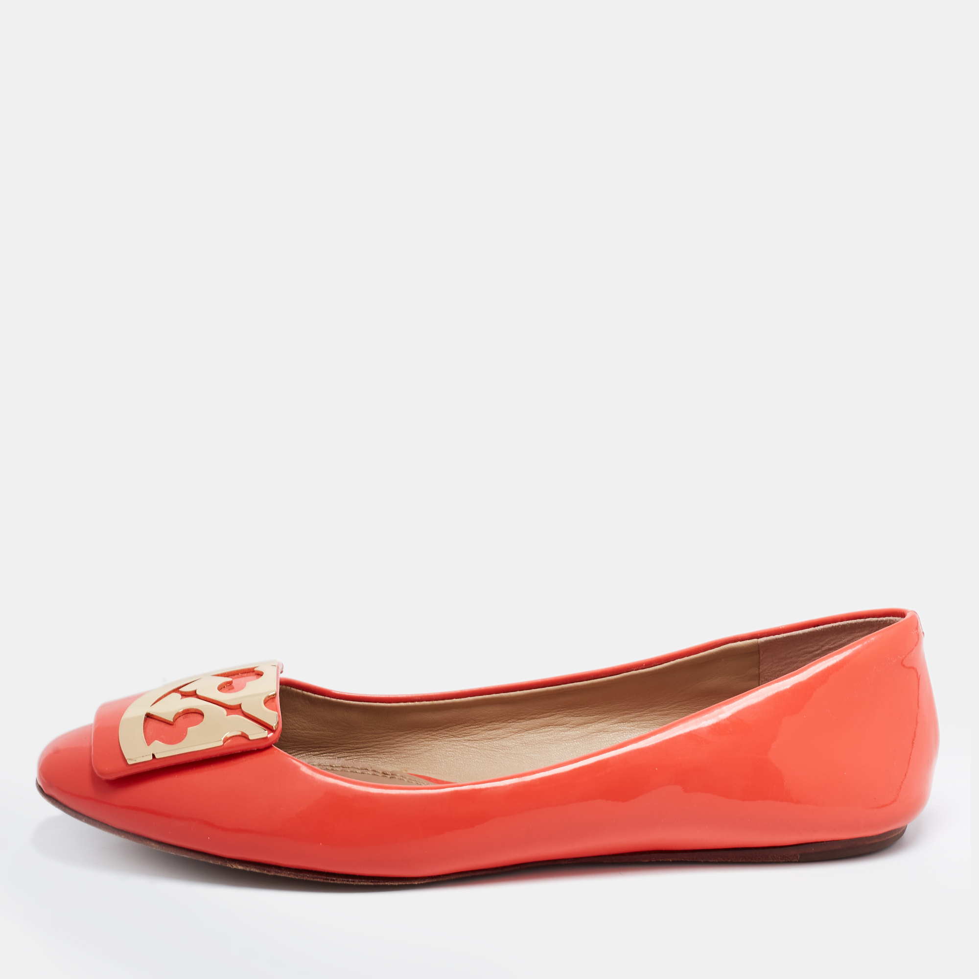 Pre-owned Tory Burch Orange Patent Leather Ballet Flats Size 36.5