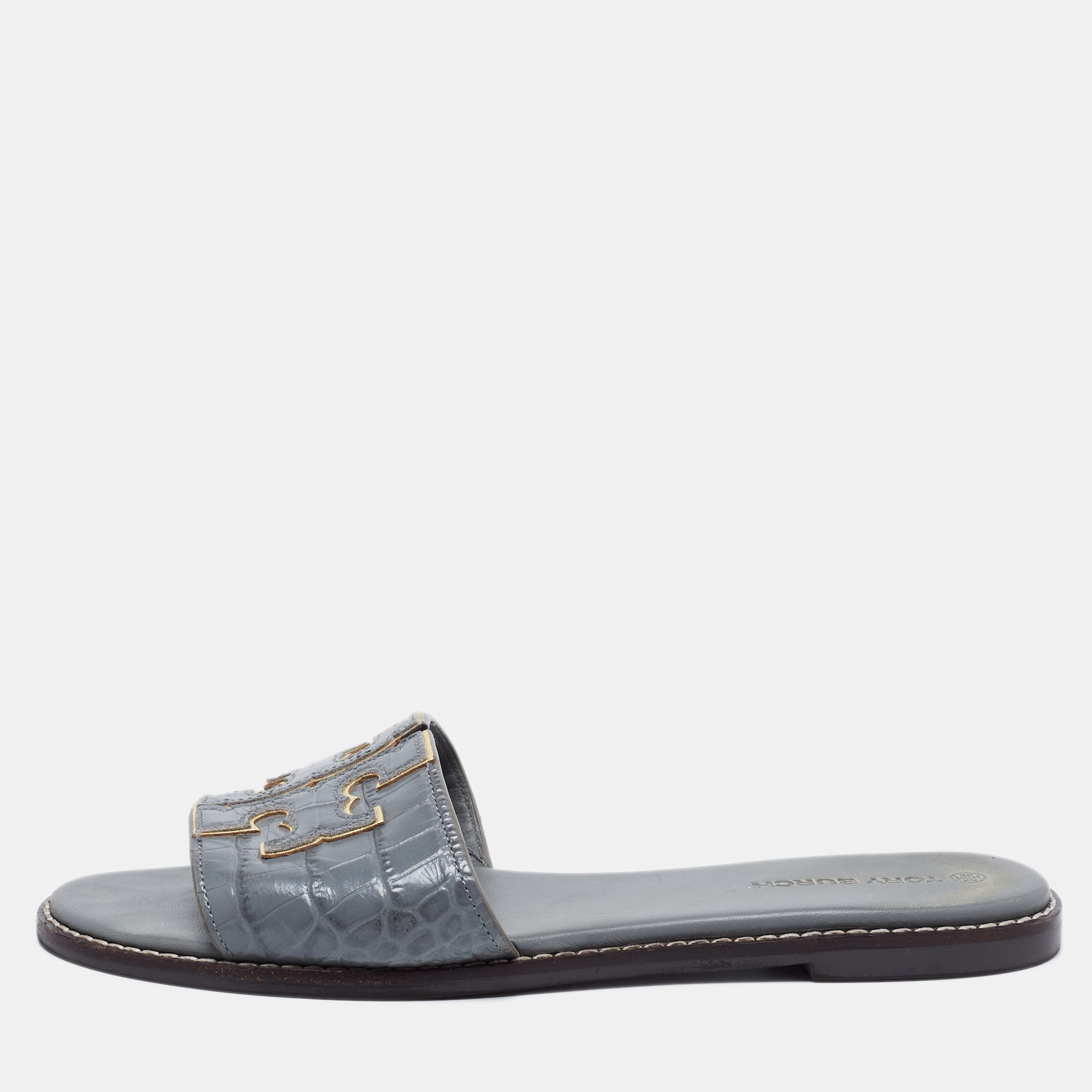 Pre Owned Tory Burch Grey Croc Embossed Leather Ines Flat Slides Size 38.5