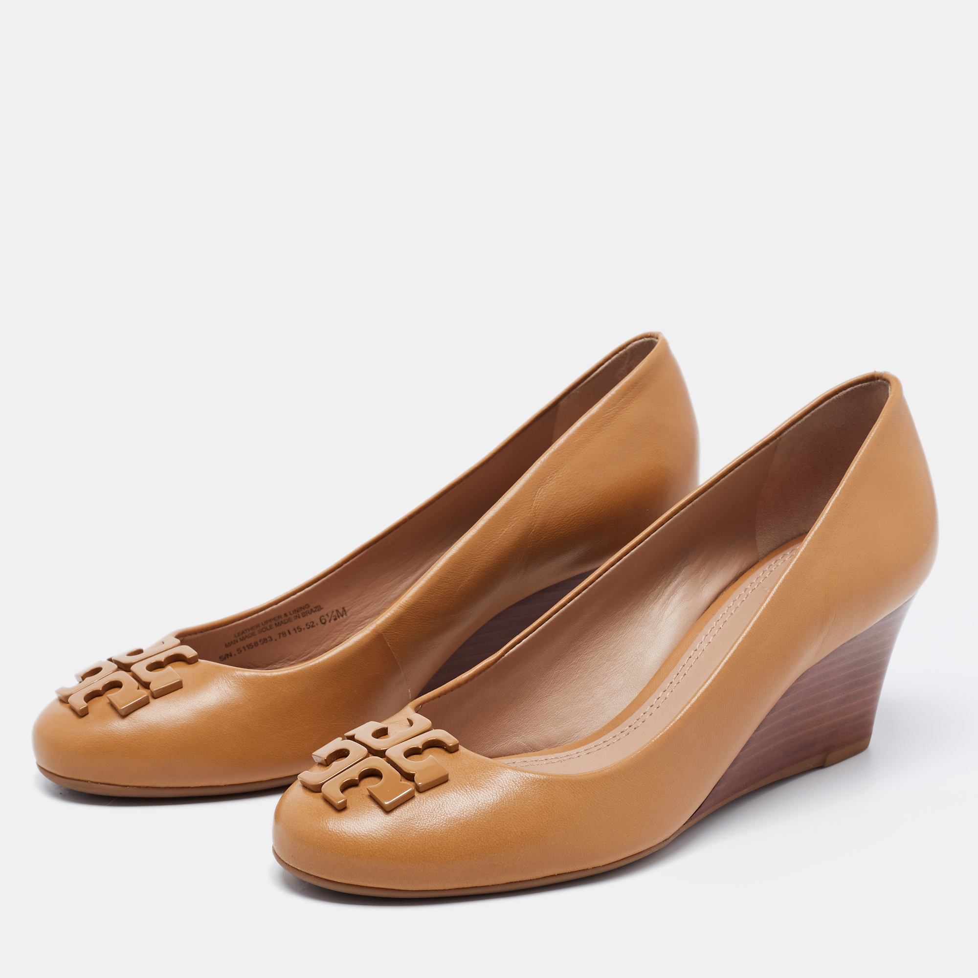 

Tory Burch Brown Leather Raleigh Round Toe Wedge Pumps Size, Beige