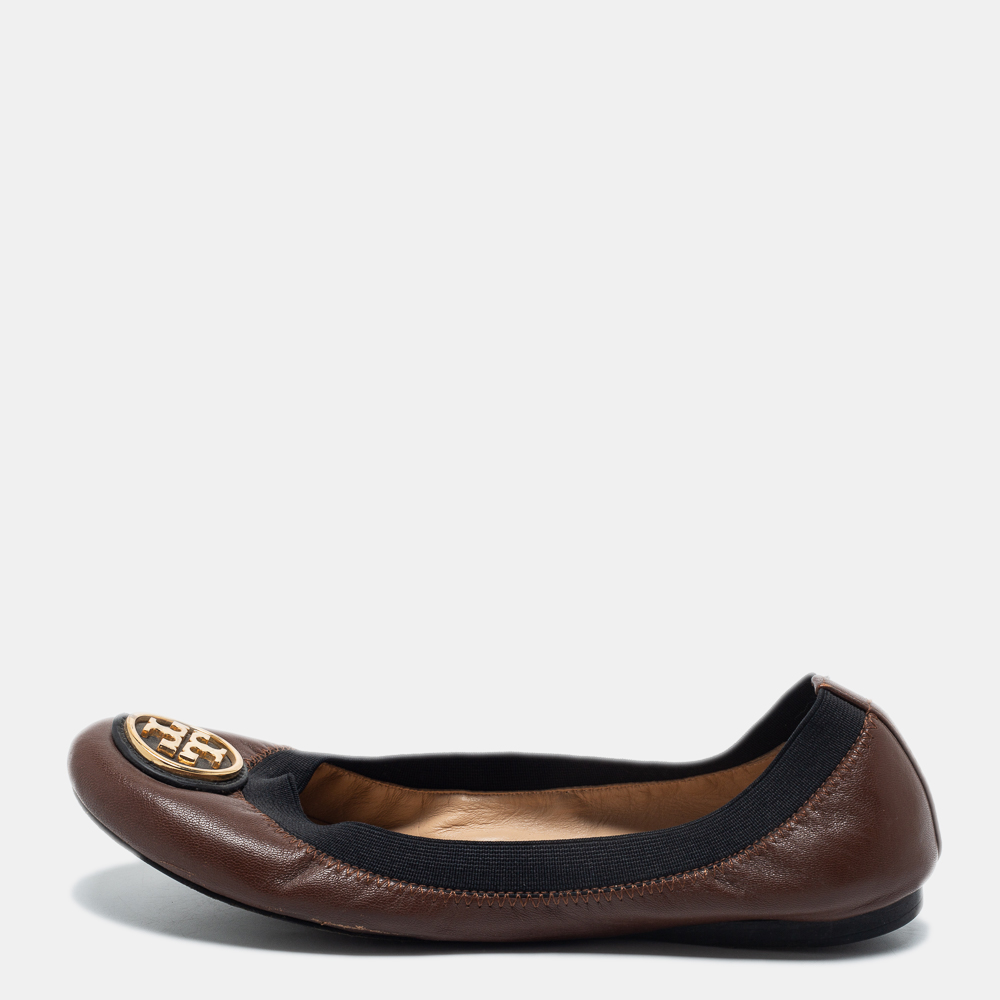 Pre-owned Tory Burch Tory Brown/black Leather Caroline Ballet Flats Size 36.5