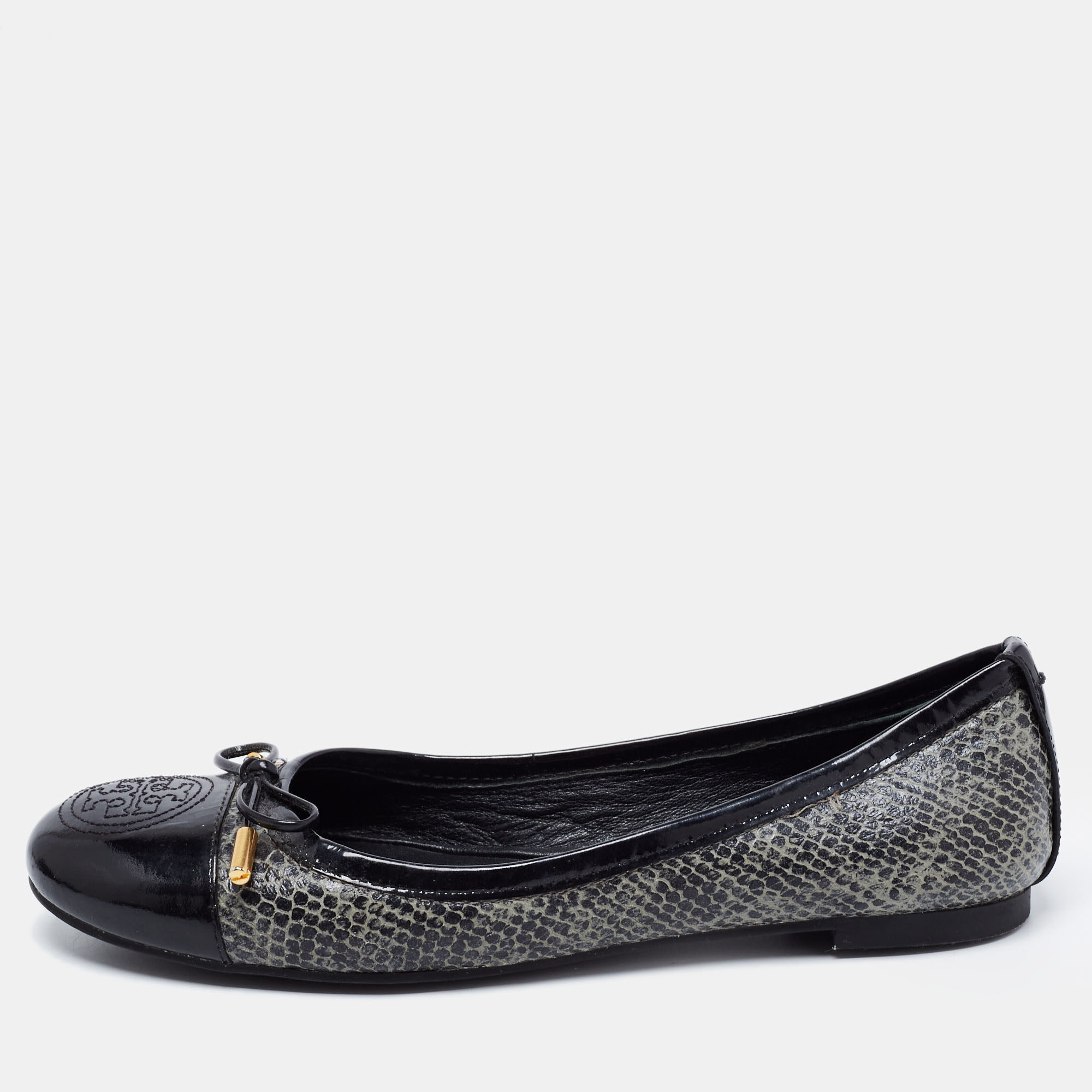 Pre-owned Tory Burch Black/grey Patent Leather And Embossed Snakeskin Verbena Tribal Ballet Flats Size 37