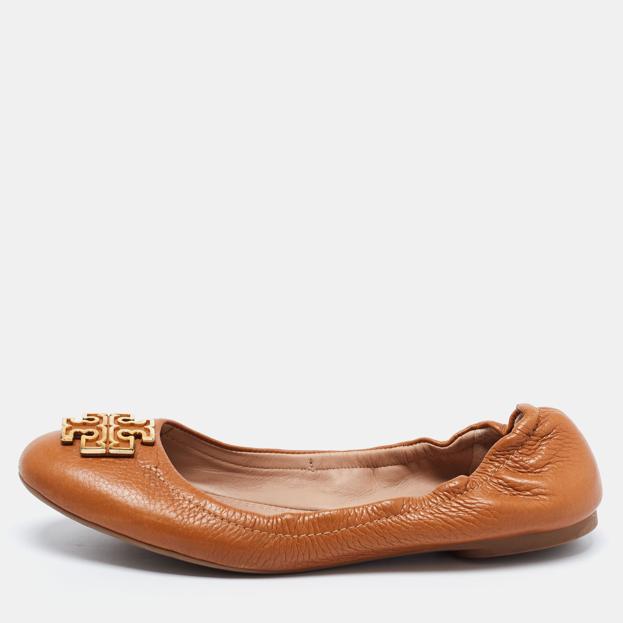 Pre-owned Tory Burch Brown Leather Ballet Flats Size 38.5 In Beige