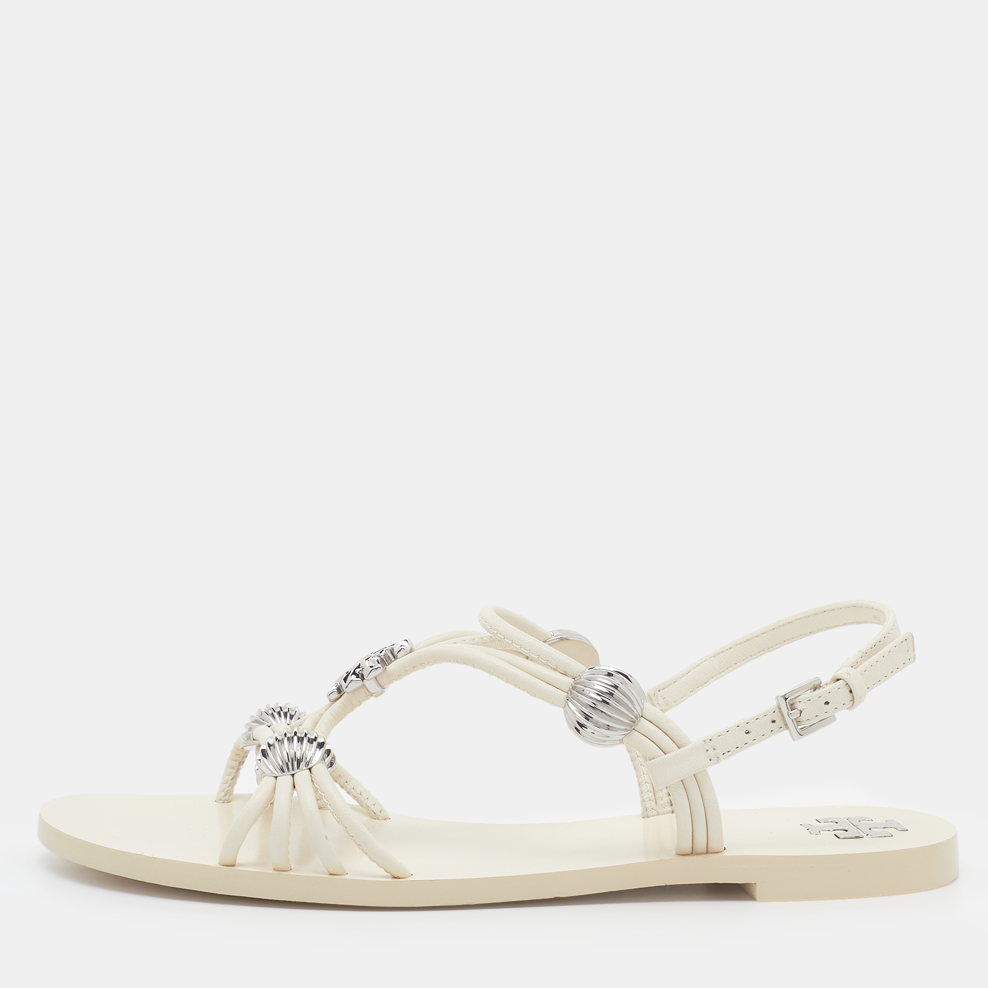 Pre-owned Tory Burch Off White Leather Embellished Flat Sandals Size 35 ...