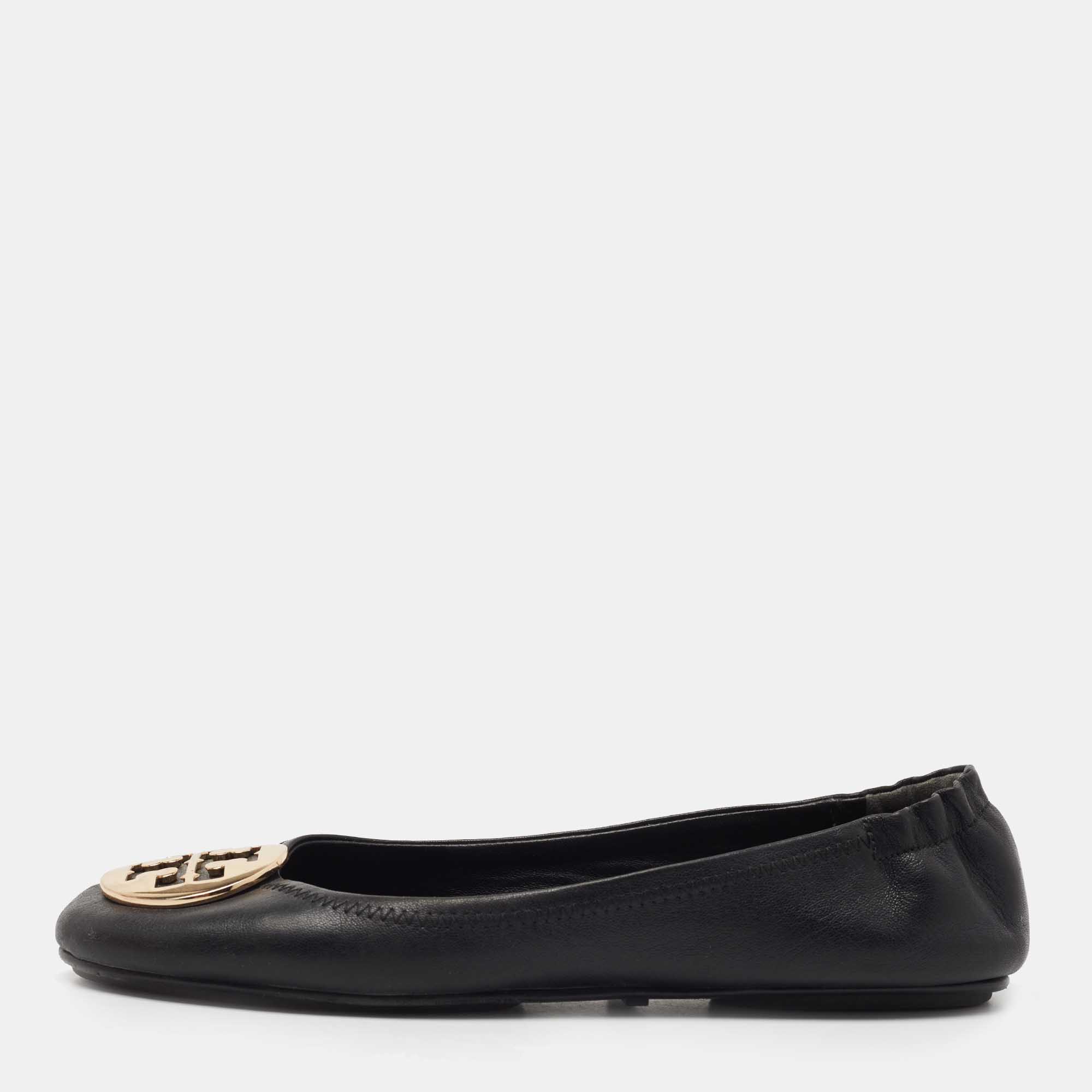 Pre-owned Tory Burch Black Leather Minnie Travel Ballet Flats Size 39.5