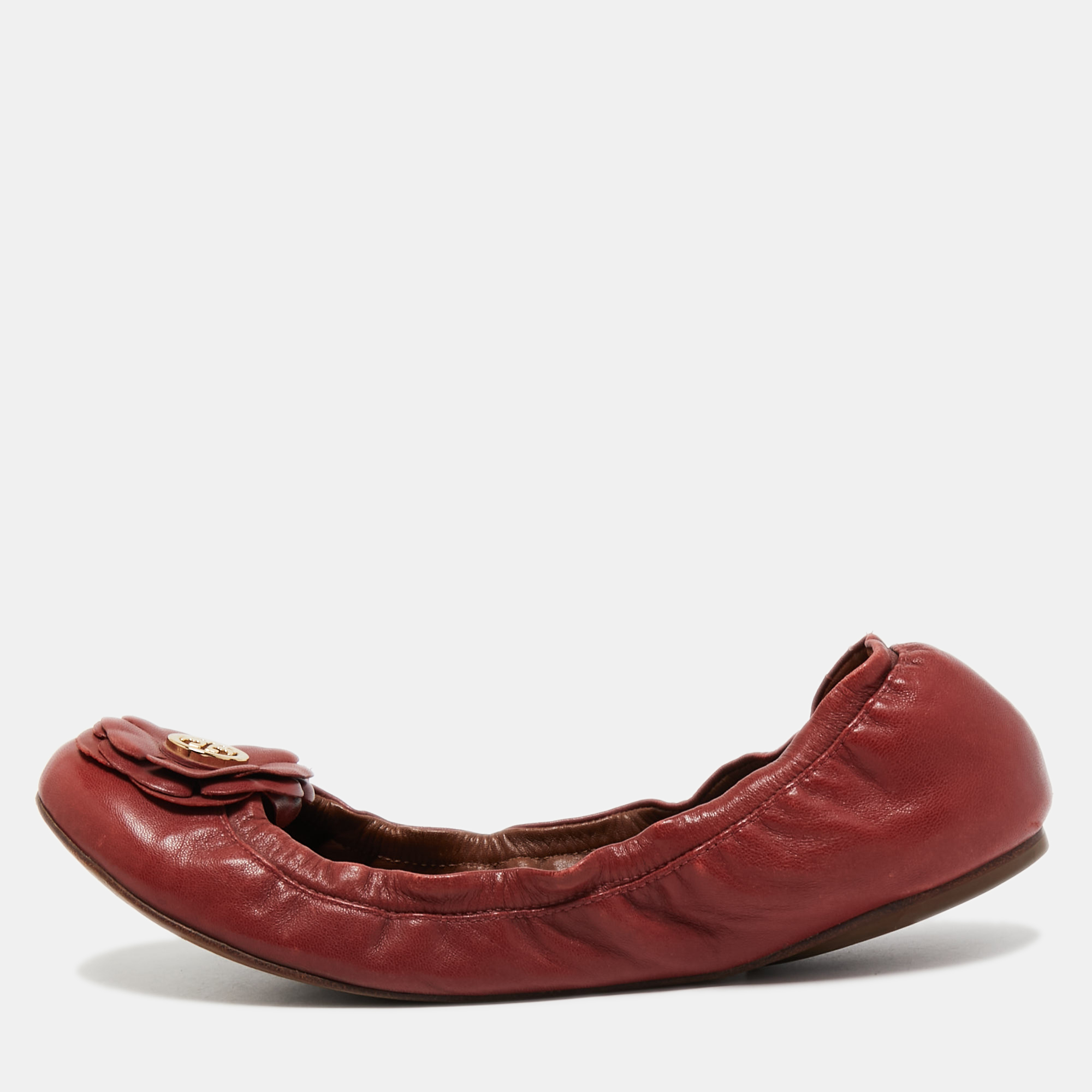 Pre-owned Tory Burch Red Leather Shelby Scrunch Ballet Flats Size 40