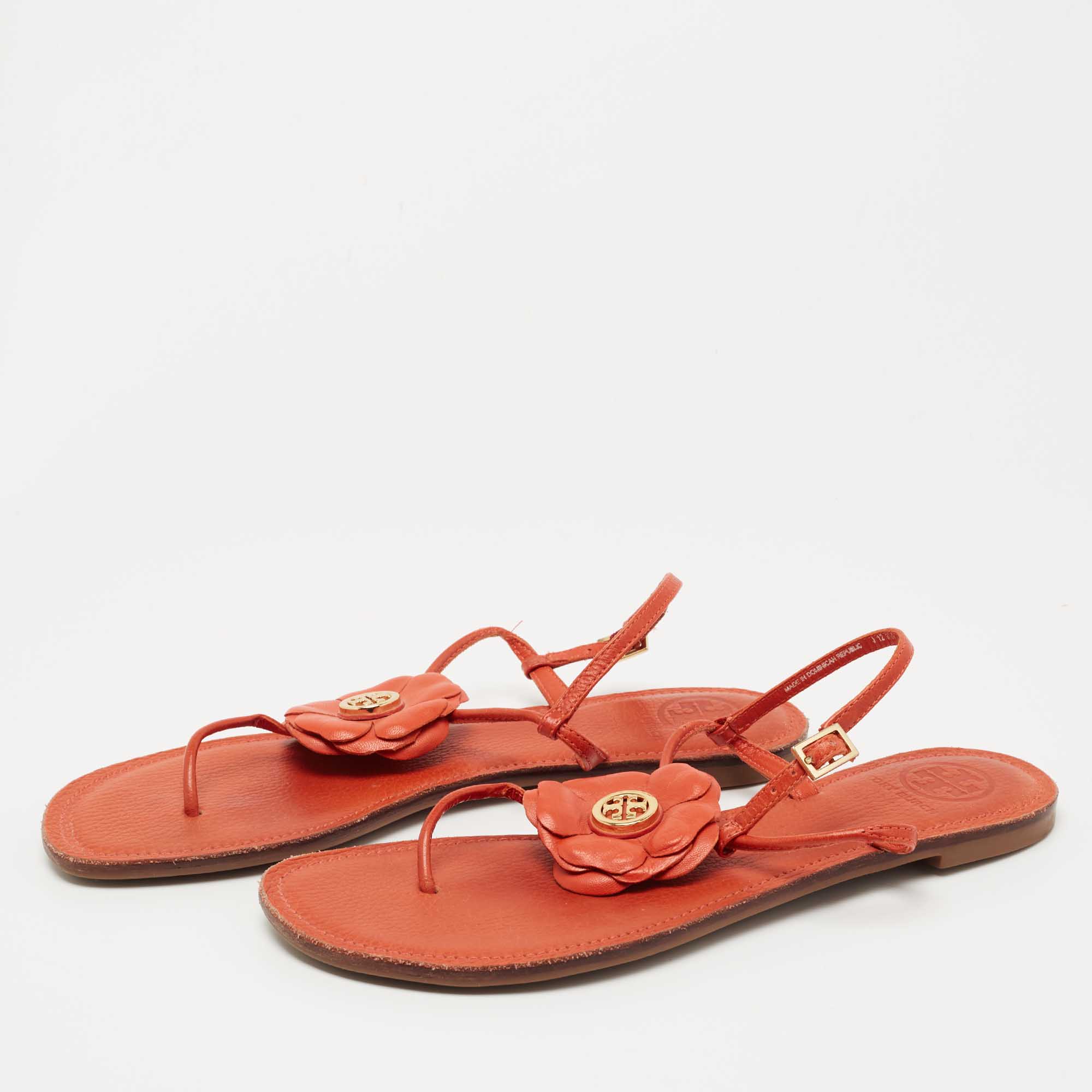 

Tory Burch Orange Leather Flower Ankle Strap Flat Sandals Size