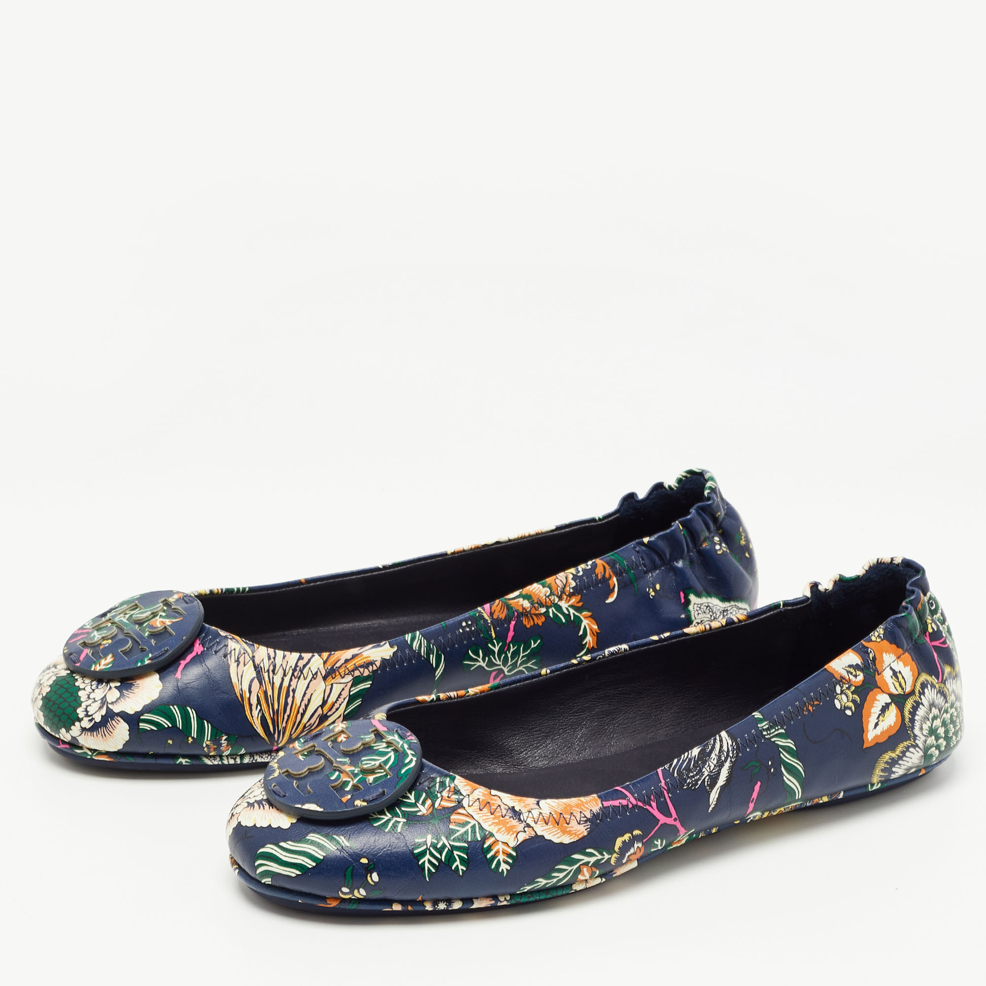 

Tory Burch Navy Blue Printed Floral Leather Minnie Travel Ballet Flats Size