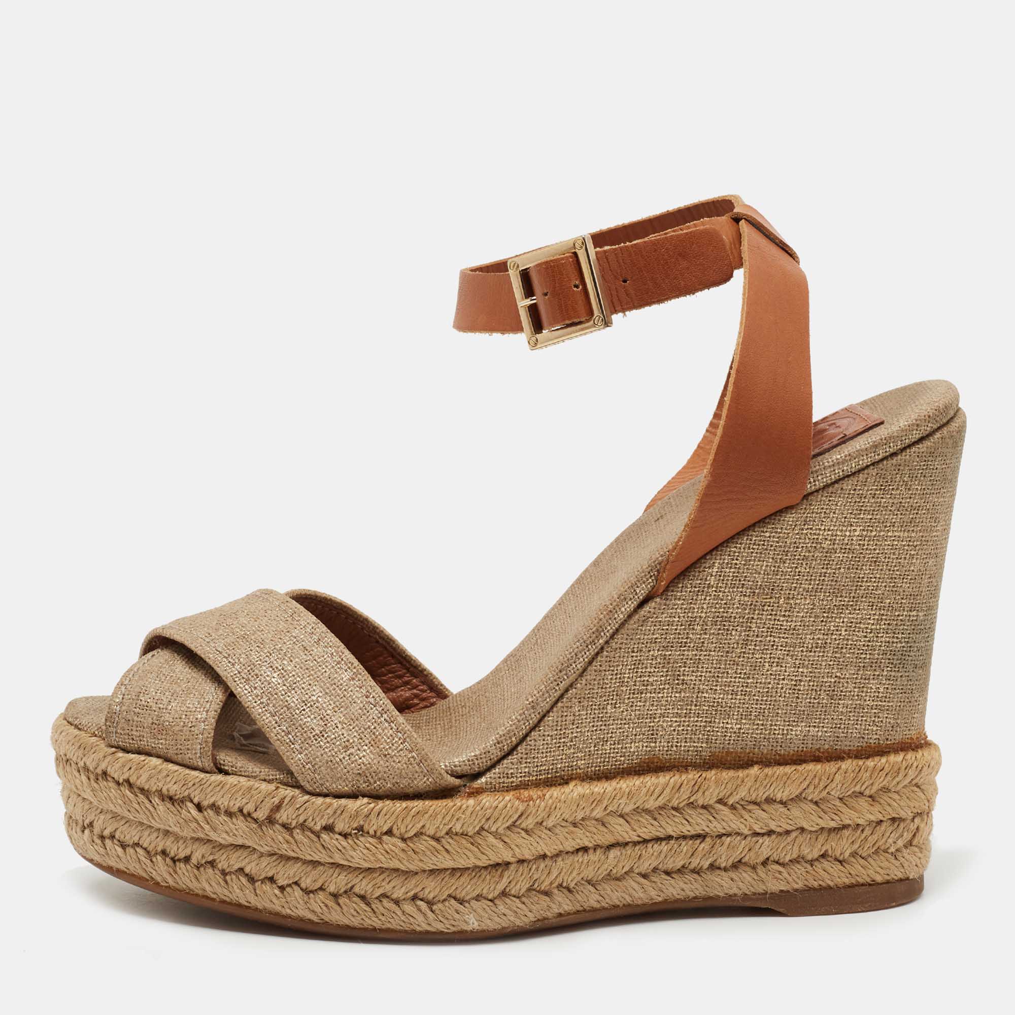 Pre-owned Tory Burch Gold/brown Leather And Canvas Espadrille Wedge Sandals Size 38.5 In Beige