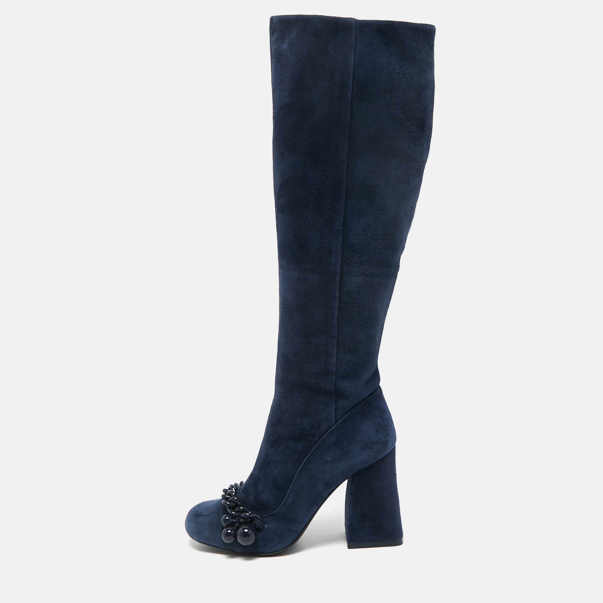 Pre-owned Tory Burch Navy Blue Suede Perrine Knee Length Boots Size 37