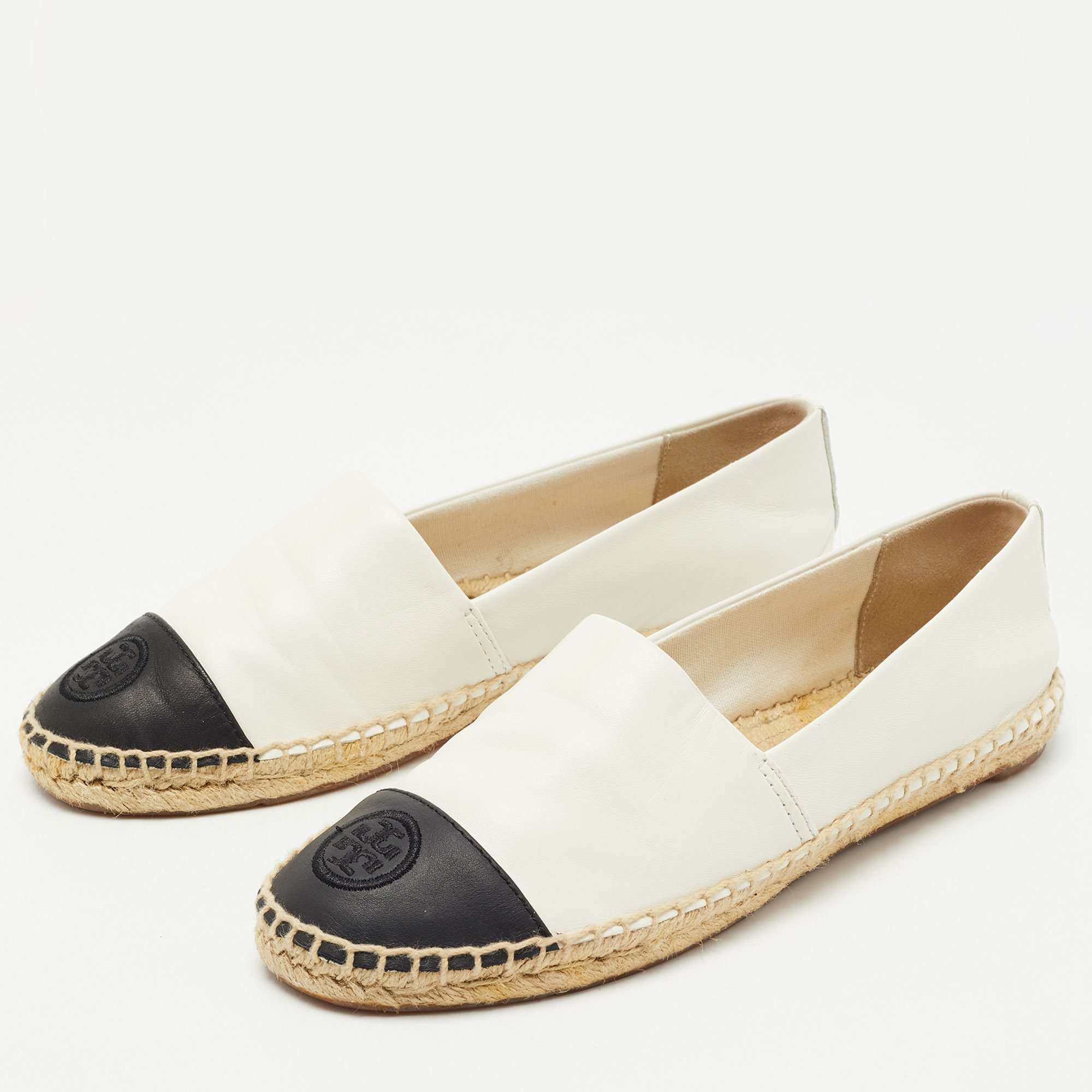 

Tory Burch Off-White/Black Leather Logo Cap Toe Espadrille Flats Size