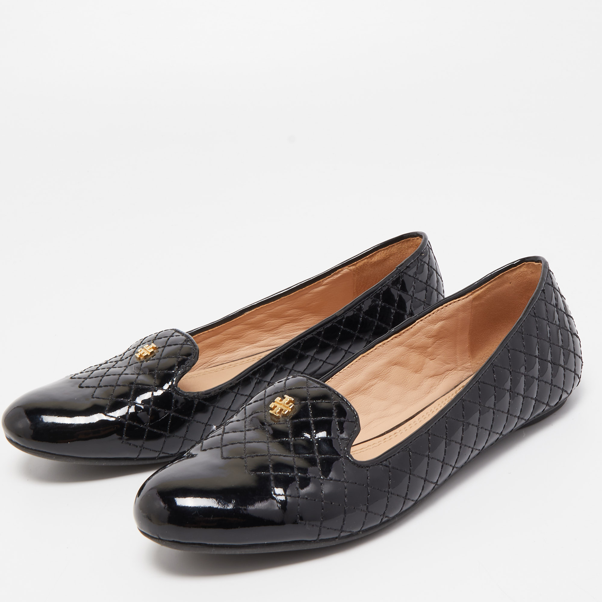 

Tory Burch Black Quilted Patent Leather Smoking Slippers Size