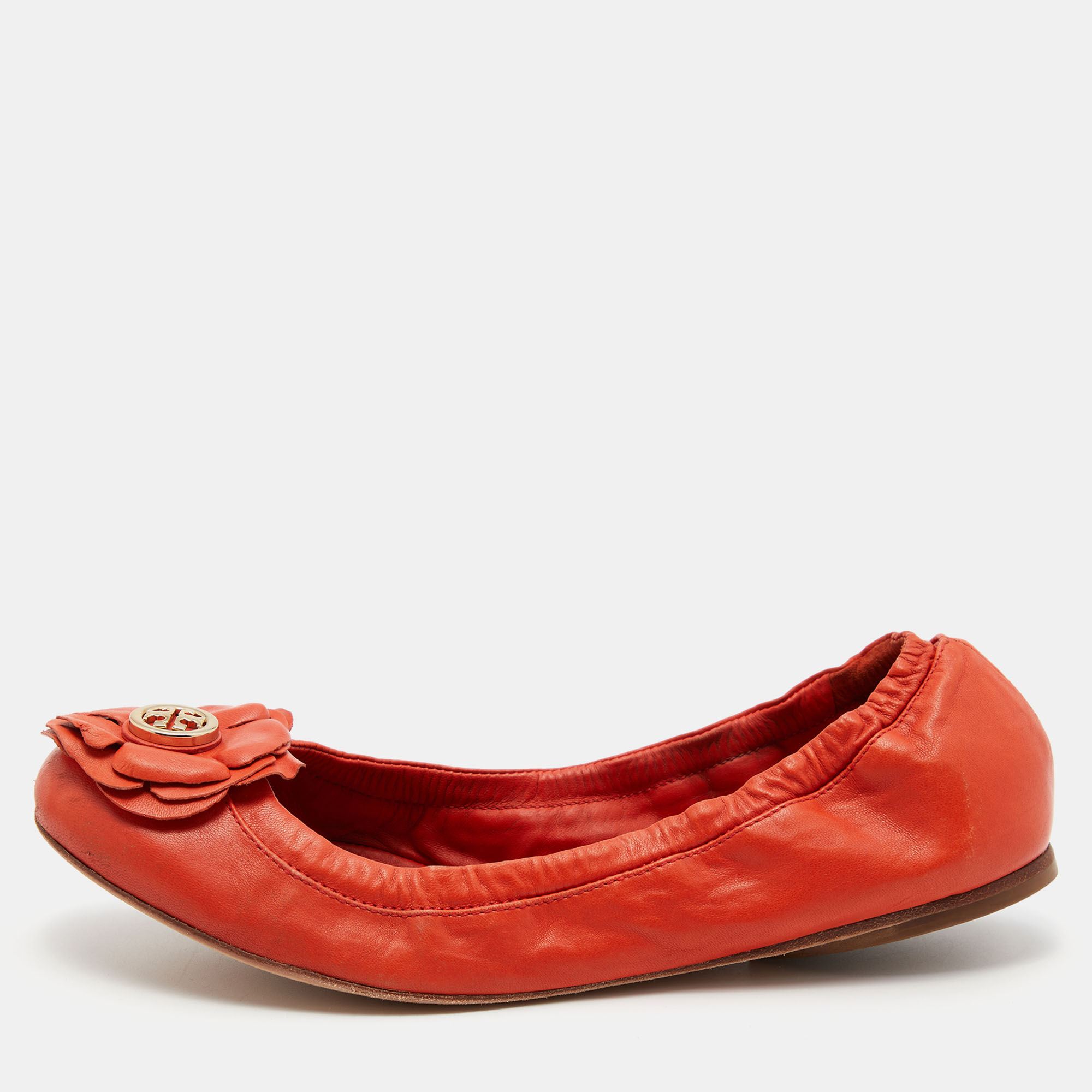 Pre-owned Tory Burch Orange Leather Scrunch Ballet Flats Size 38