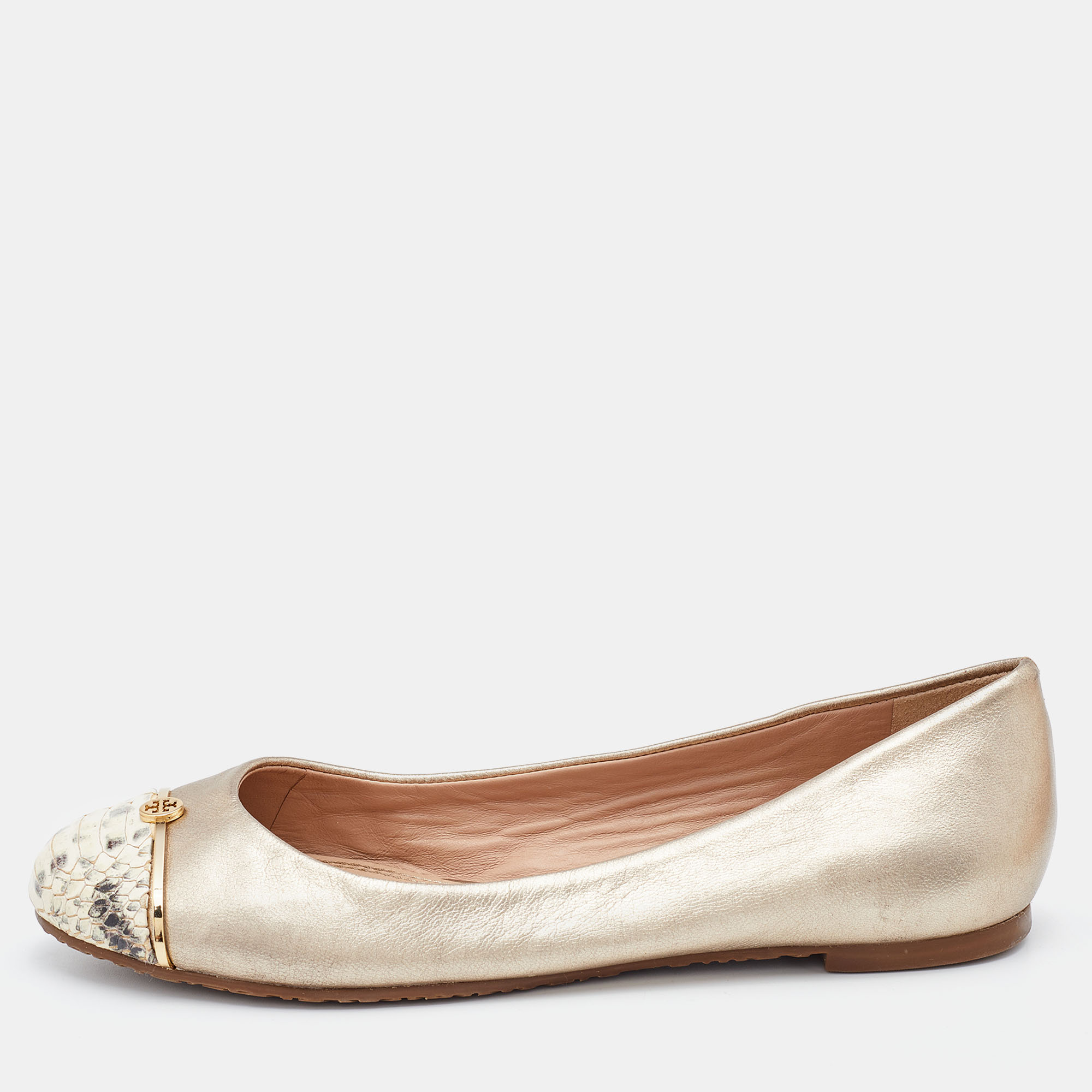 Pre-owned Tory Burch Metallic/beige Leather And Python Embossed Pacey Ballet Flats Size 37.5 In Black