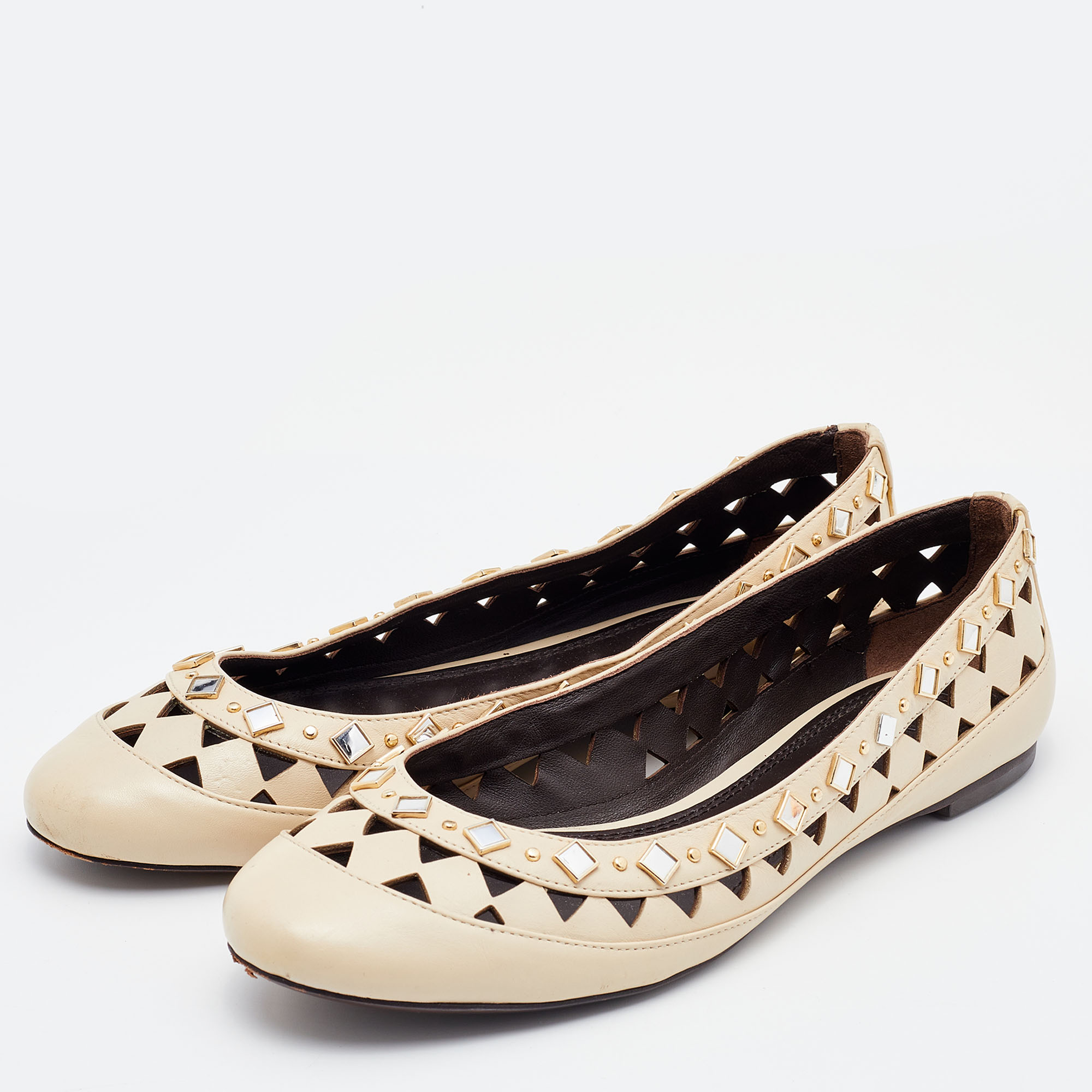 

Tory Burch Beige Leather Embellished Kingsbridge Ballet Flats Size