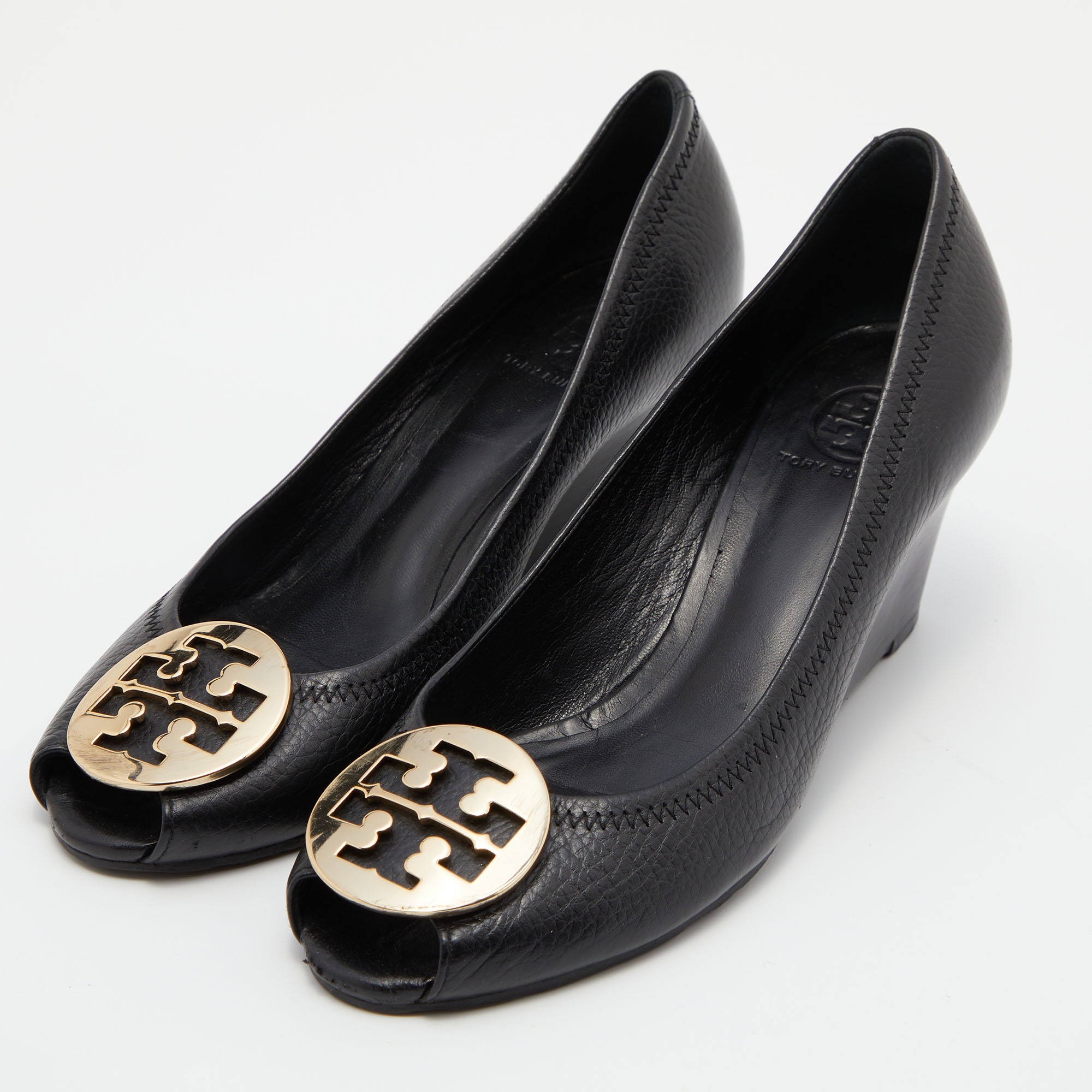 

Tory Burch Black Leather Sophie Peep-Toe Wedge Pumps Size